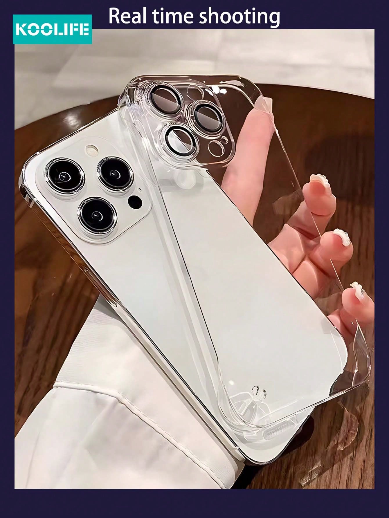Koolife 1pc Frameless Clear PC Phone Case With Electroplated Edge And Lens Film Compatible With Apple IPhone 13/13 Pro/13 Pro Max/14/14 Pro/14 Plus/14 Pro Max/15/15 Pro/15 Pro Max/15 Plus, Shockproof And Scratch Protective Cover
