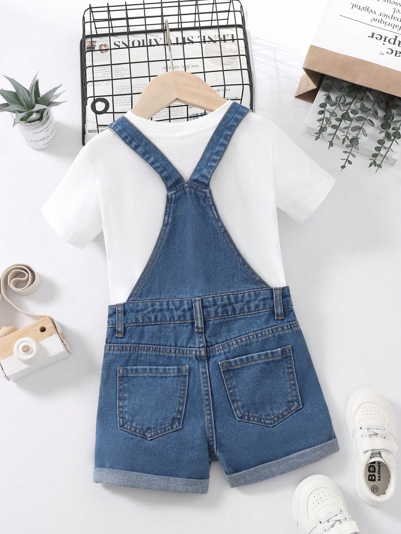 Young Girl Heart Print Rolled-Up Overalls Jeans