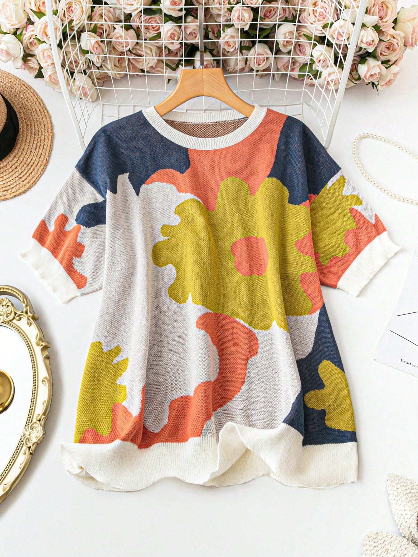 Plus Colorblock Floral Pattern Drop Shoulder Knit Top For Spring & Summer