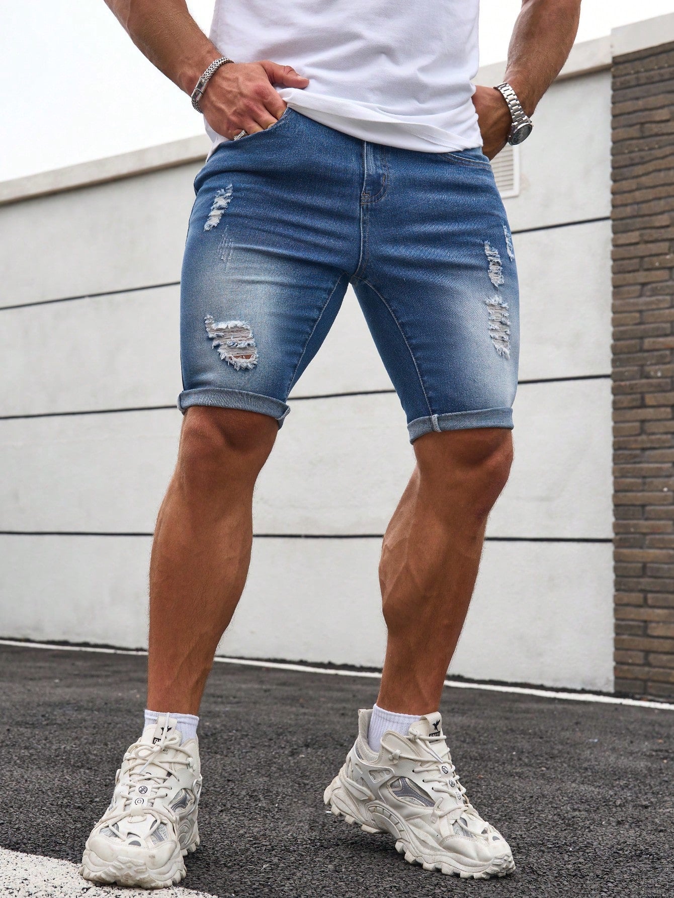 Men's Plus Size Distressed Washed Denim Shorts