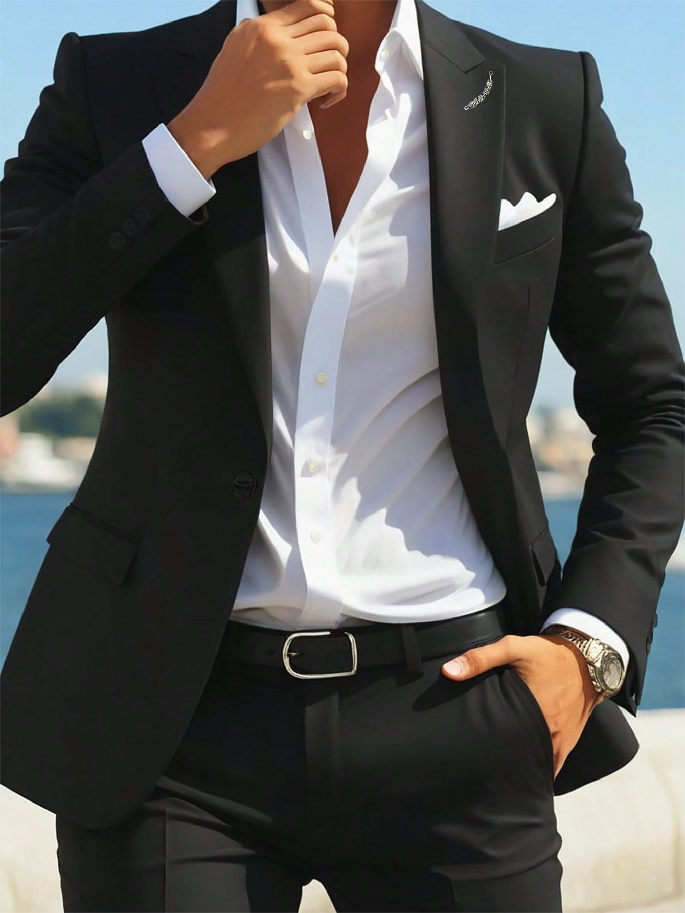 Men Solid Color Single-Breasted Long Sleeve Suit Jacket, Suitable For Spring And Summer