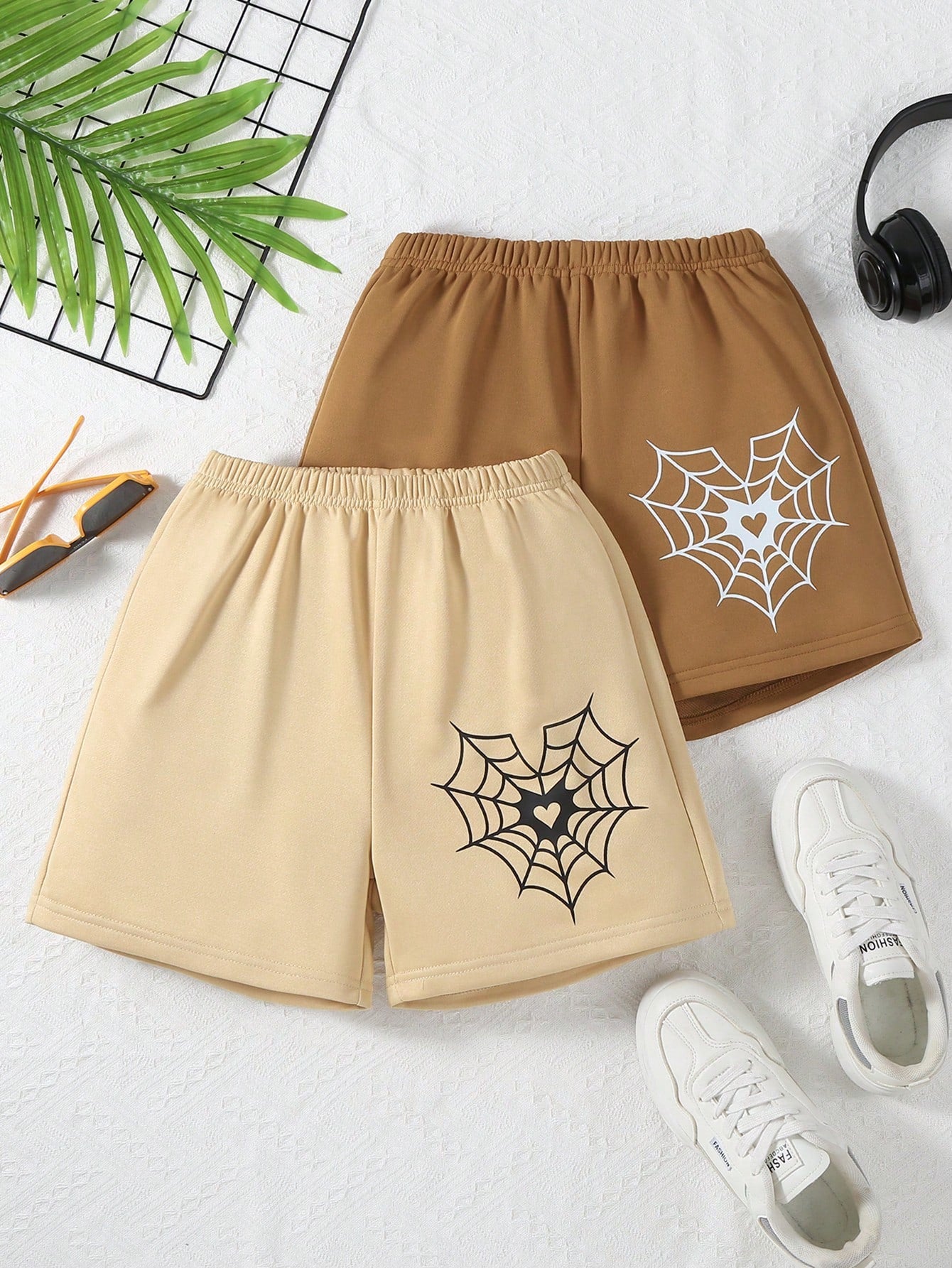 Tween Girl 2pcs/Set Elastic Waist Shorts With Spider Web & Heart Pattern For Casual And Sports, Spring/Summer