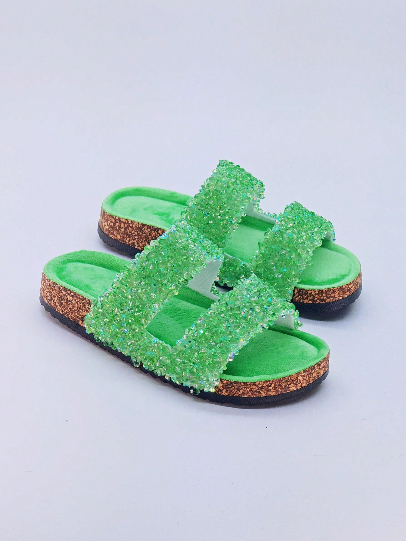 New Hot Selling Cork Pattern Women's Shoes, Street Casual Flat Slippers With Double Straps For Indoor And Outdoor, Rose Red Color With Sparkling Diamond Big Buckle Lady Sandals
