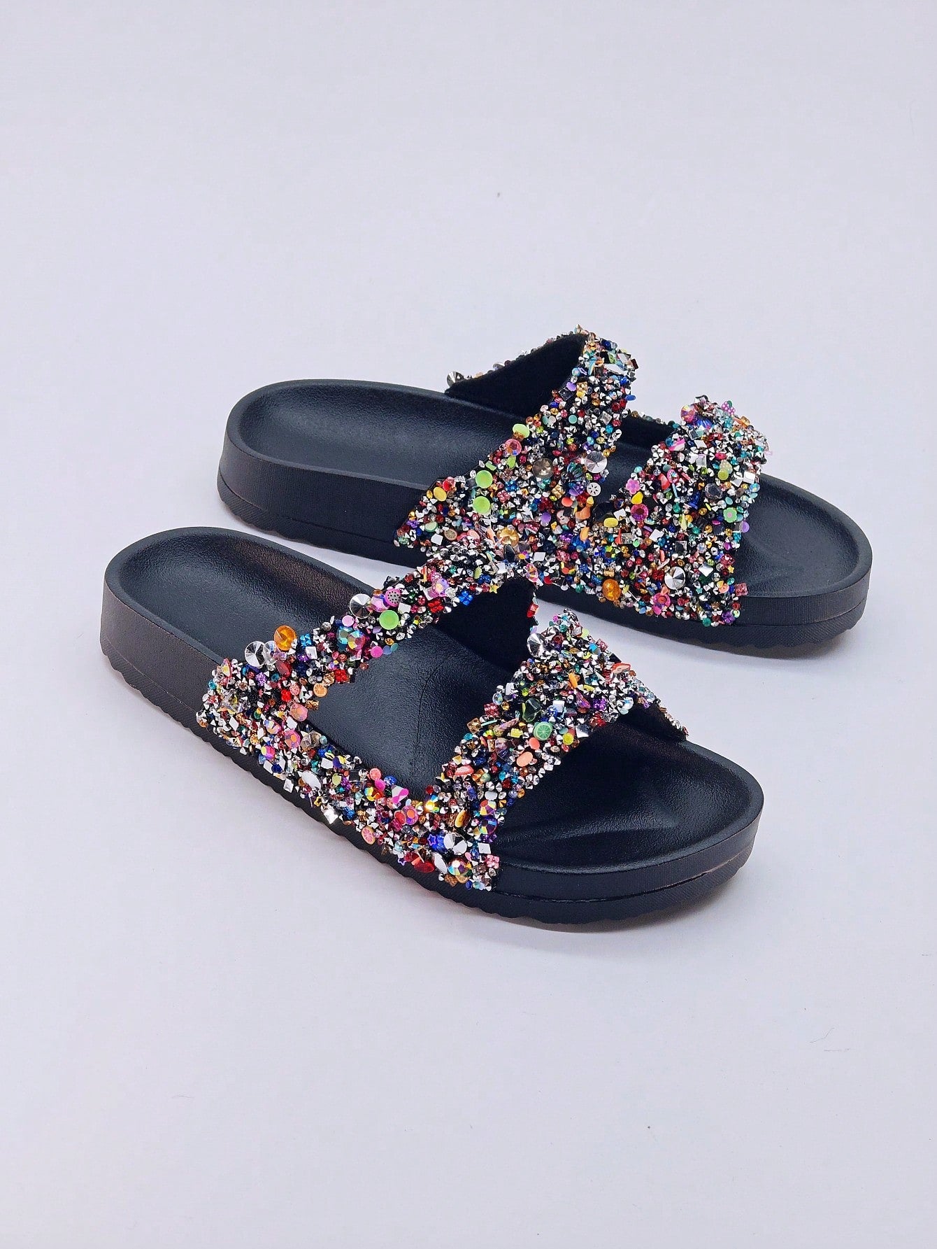 New Hot Selling Cork Pattern Women's Shoes, Street Casual Flat Slippers With Double Straps For Indoor And Outdoor, Rose Red Color With Sparkling Diamond Big Buckle Lady Sandals