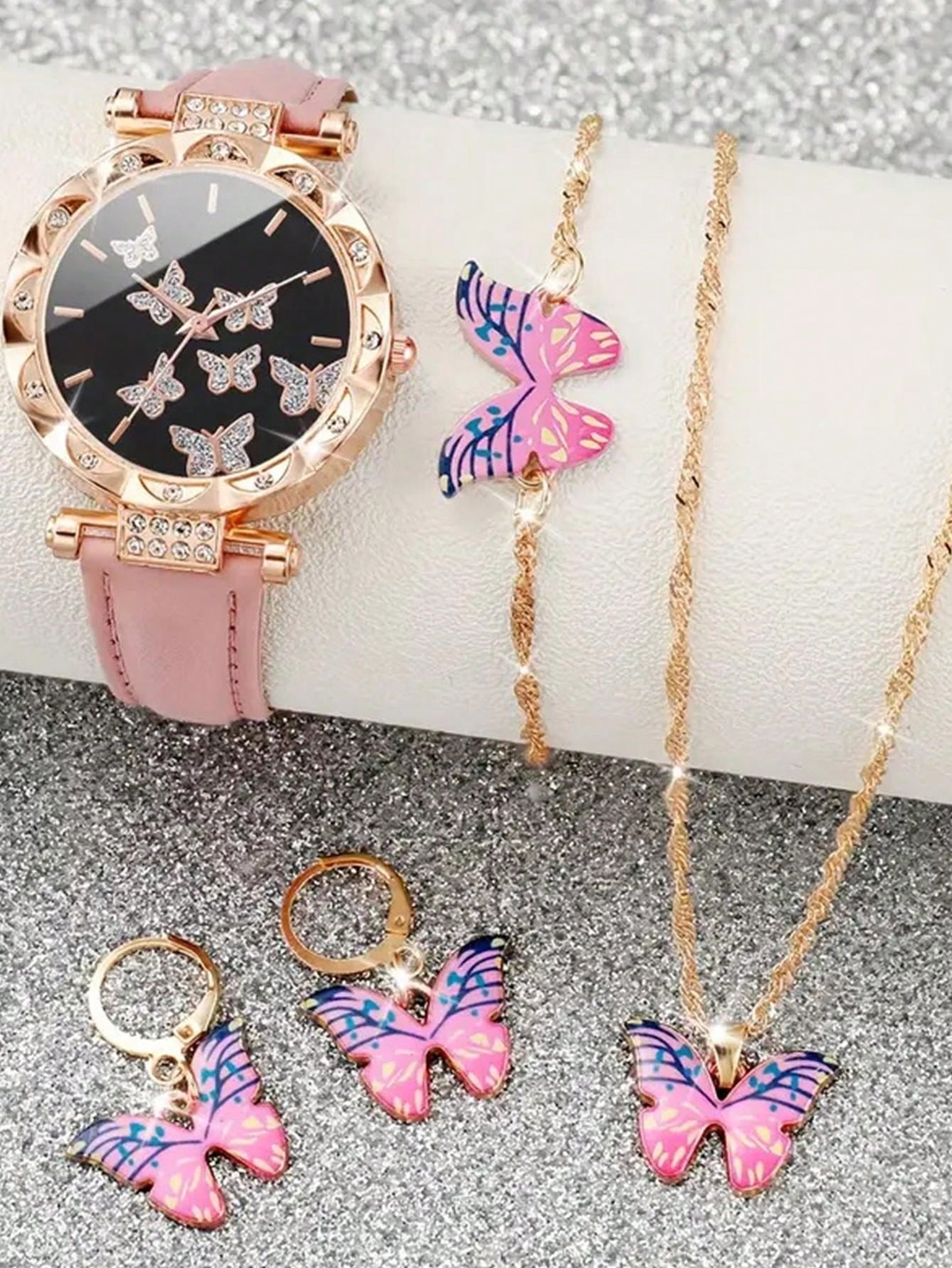 5pcs Lovely Silica Gel Quartz Girls Watch And Necklace Bracelet Earrings Jewelry Set For Girls Gifts