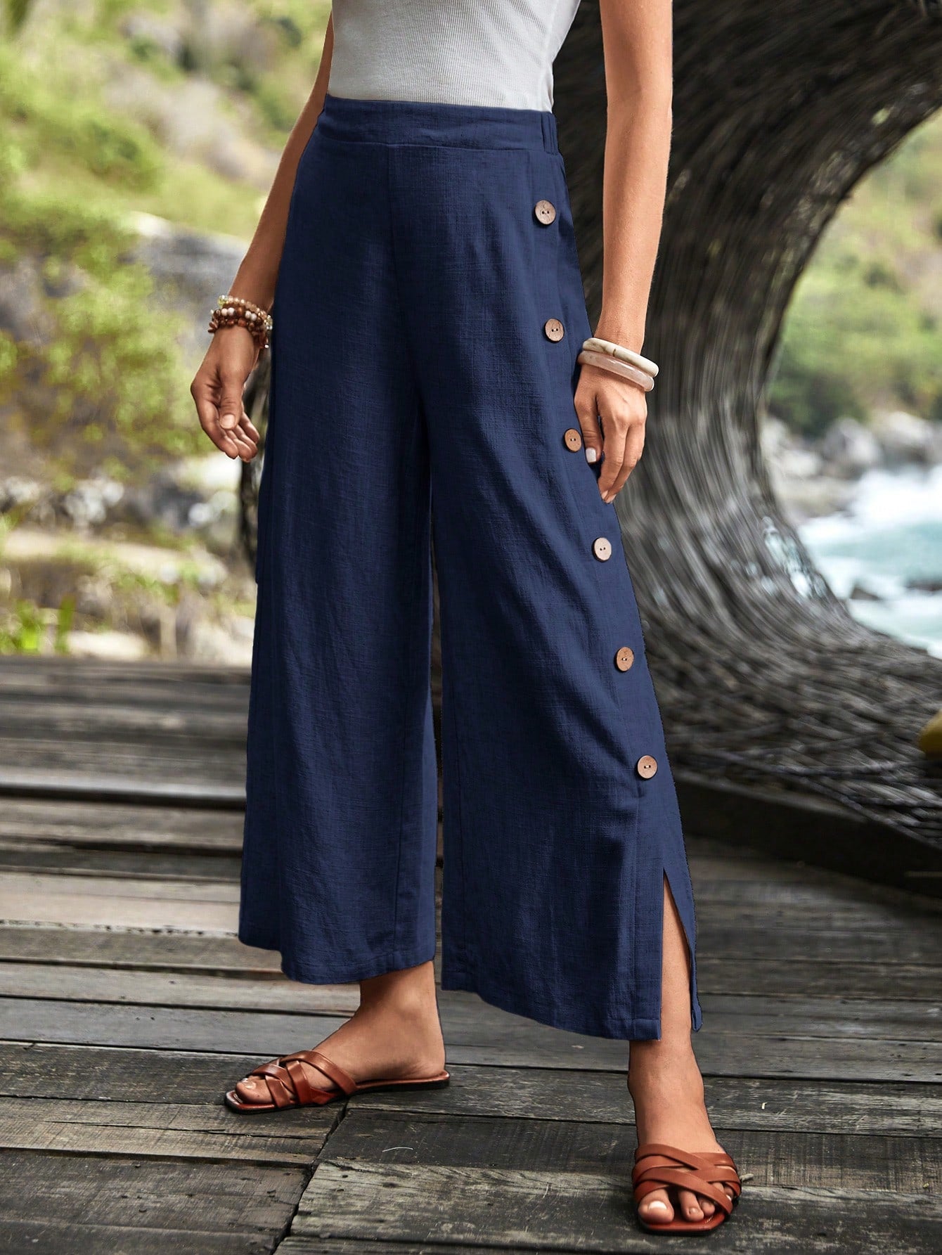 Women's High Waisted Side Button Closure Wide Leg Pants With Elastic Cuffs