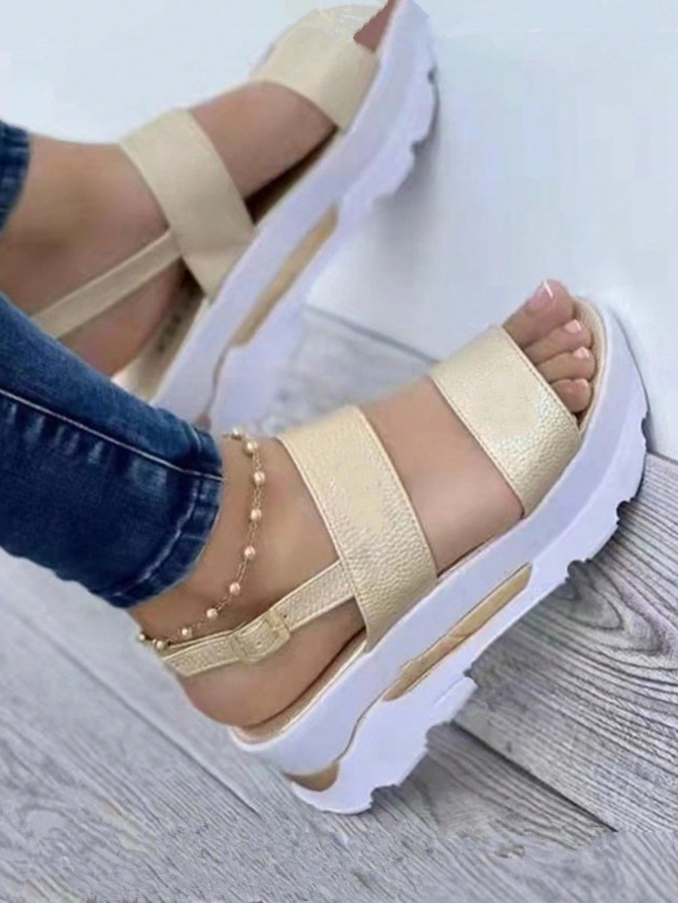 Women's Cross-Border Size 43 Platform Sandals With Toe And Foot Rings, Buckle Strap, Anti-Slip Wedge Heel And Thick Bottom