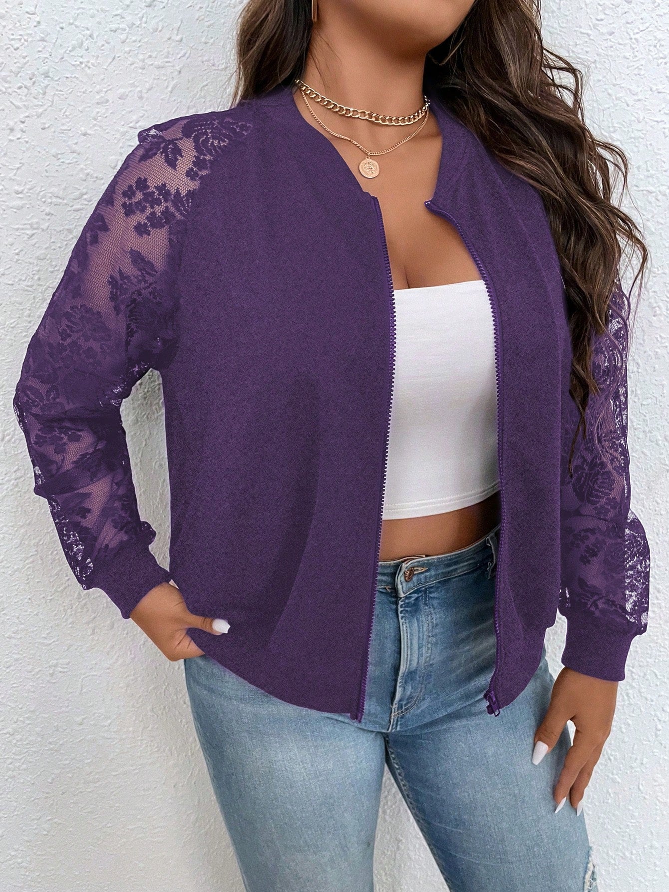 Plus Size Lace Patchwork Zipper Jacket