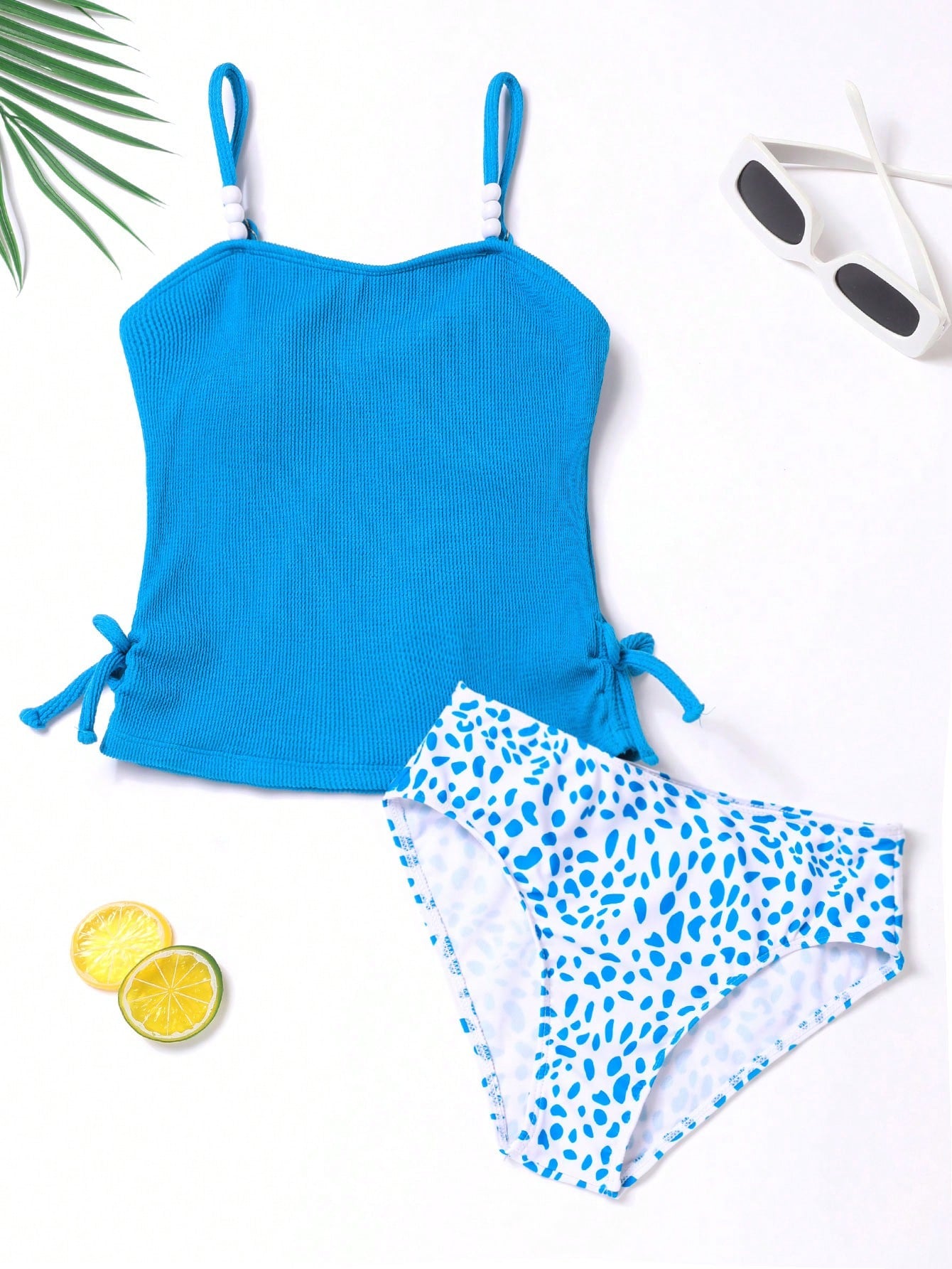 Tween Girl Solid Color Cami Top And Print Triangle Bottom, Beach Holiday Tankini Set