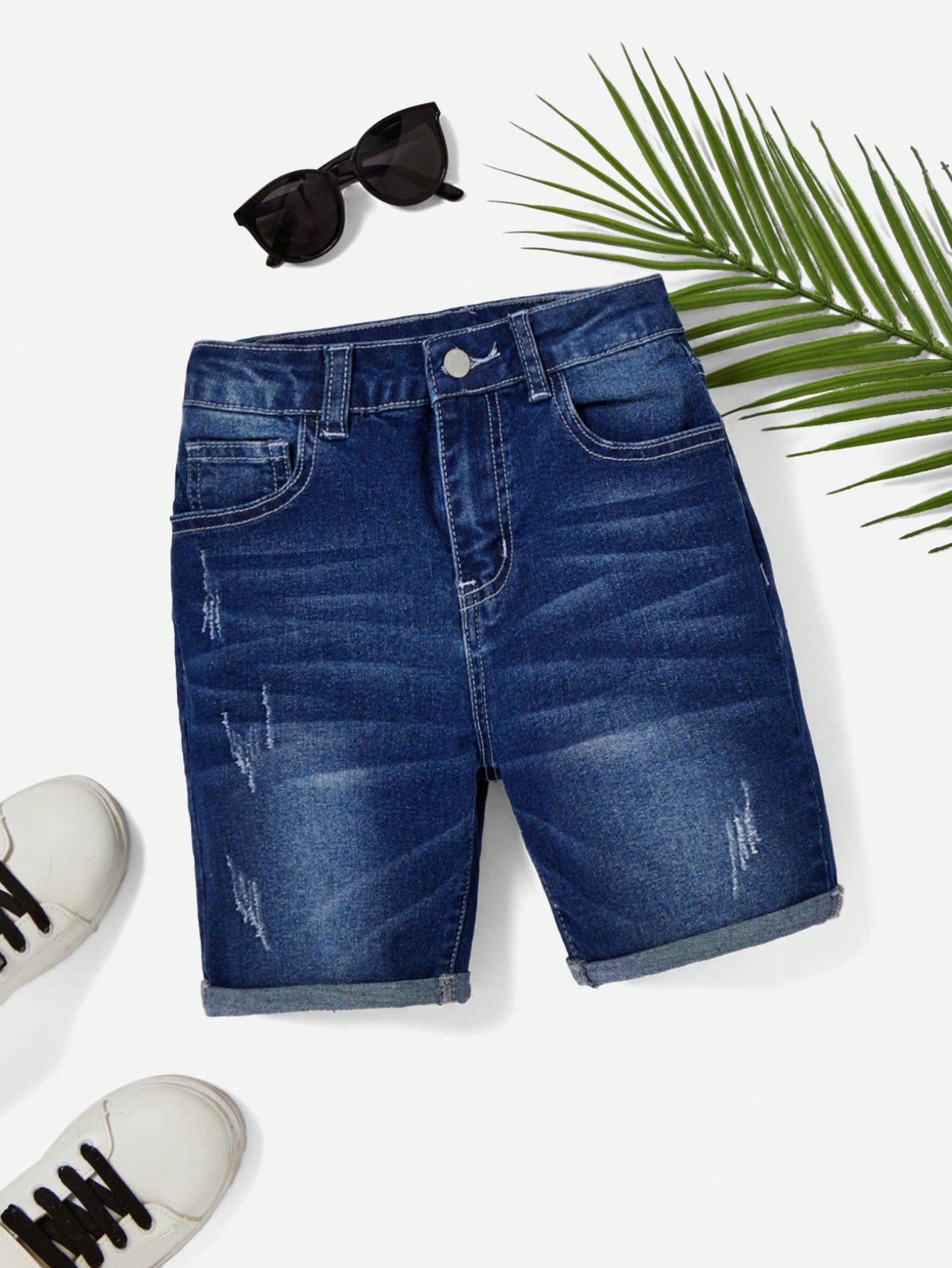 Tween Boy Summer Casual Cat Whisker Detail Rolled Hem Denim Shorts