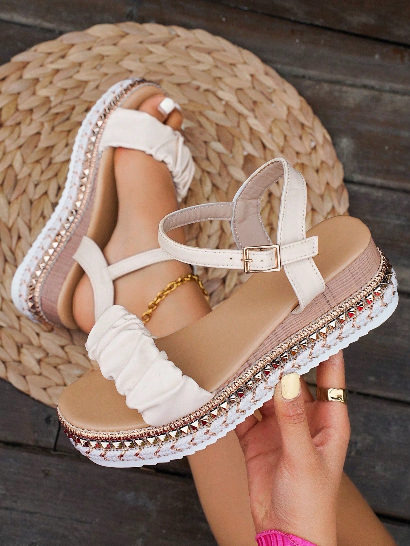 Women's Comfortable Casual Straw Woven Wedges, Peep-Toe PU Leather Sandals With Buckle Ankle Strap, Summer