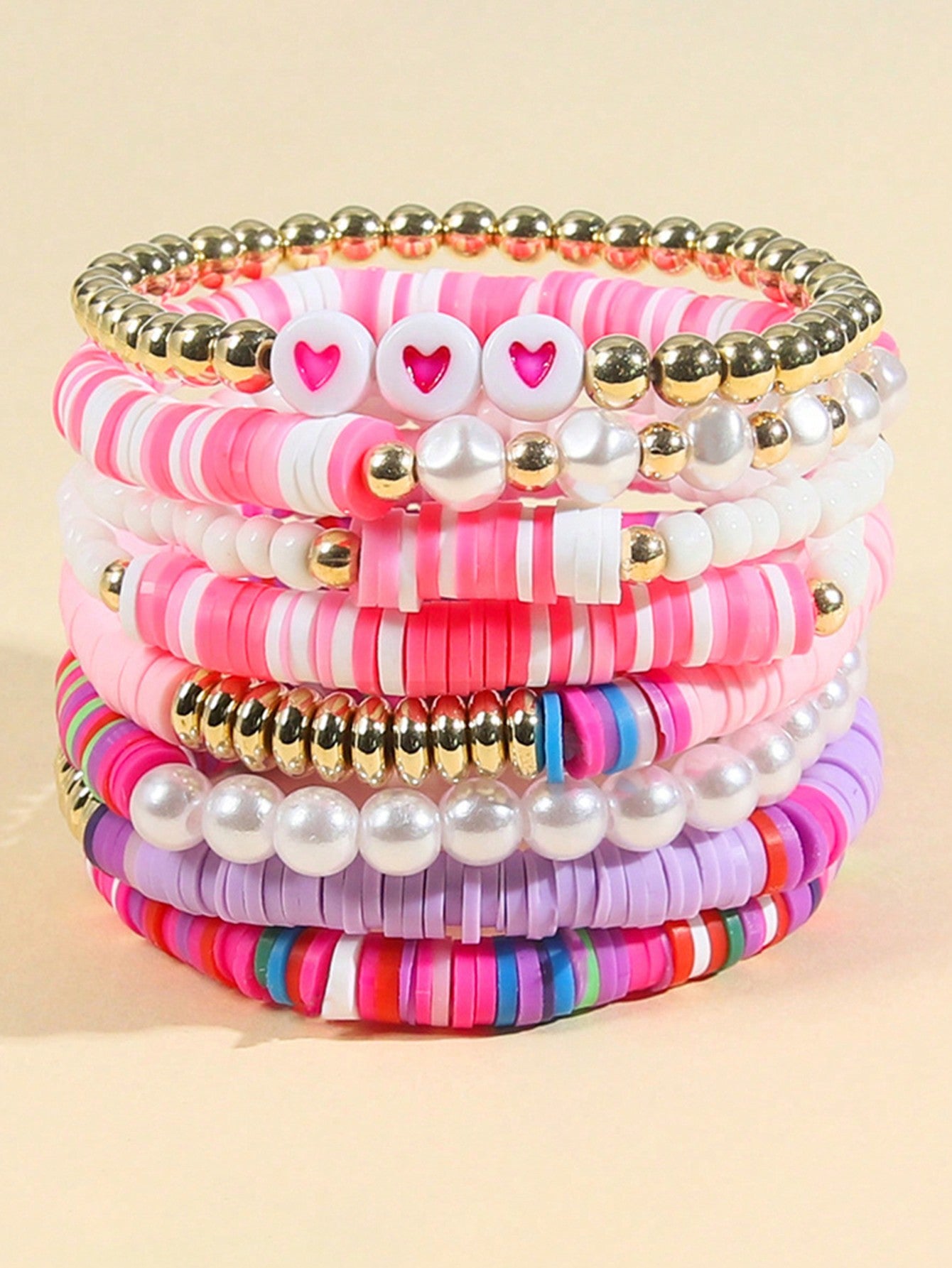 8pcs Bohemian Style Random Colorful Rainbow Cultured Pearl Heart Beaded Clay Bracelet Set For Girls