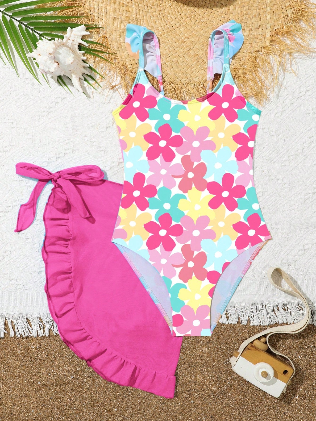 Tween Girl One-Piece Swimwear, Cute Floral Printed Swimsuit With Ruffled Skirt