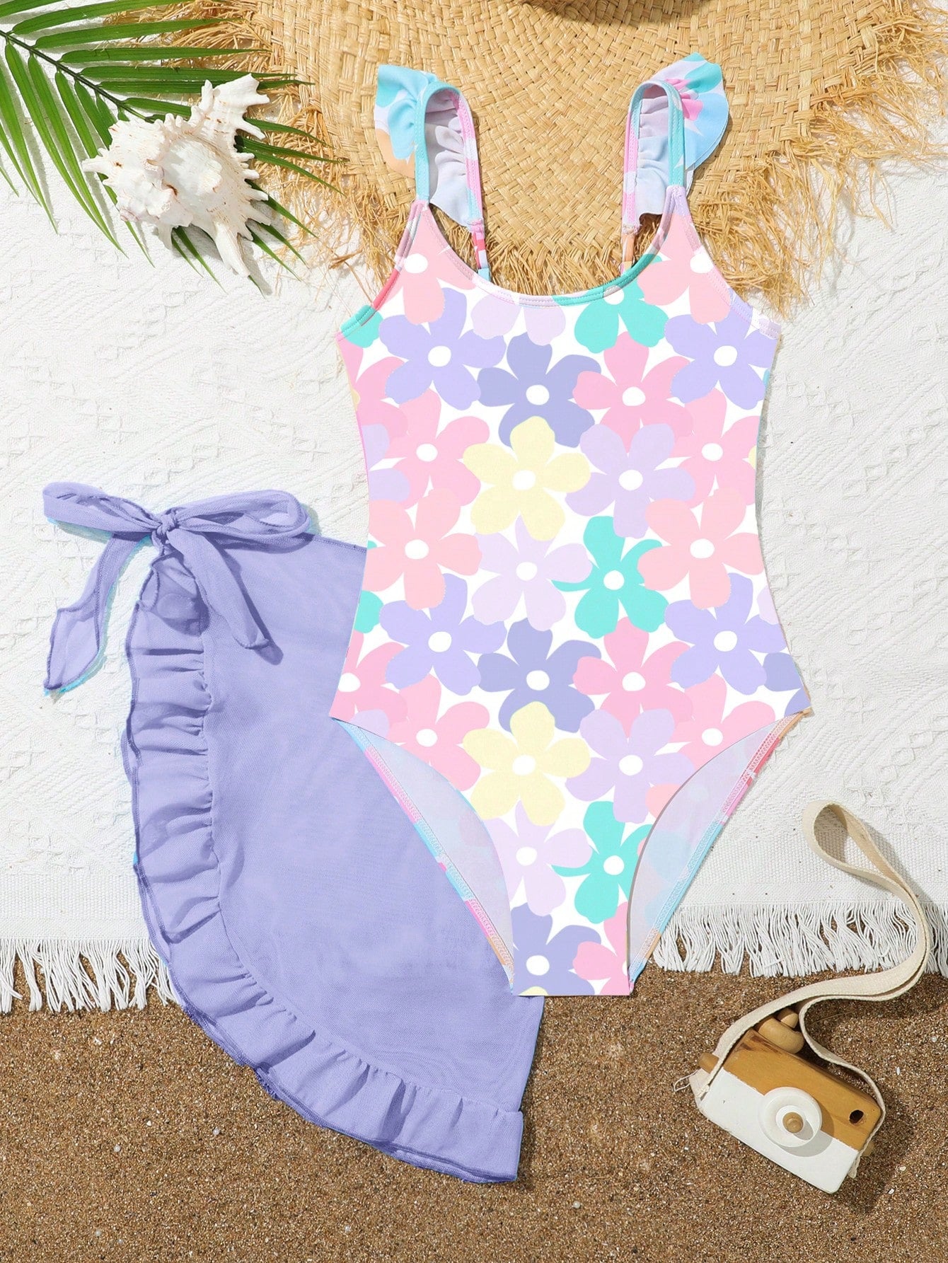 Tween Girl One-Piece Swimwear, Cute Floral Printed Swimsuit With Ruffled Skirt