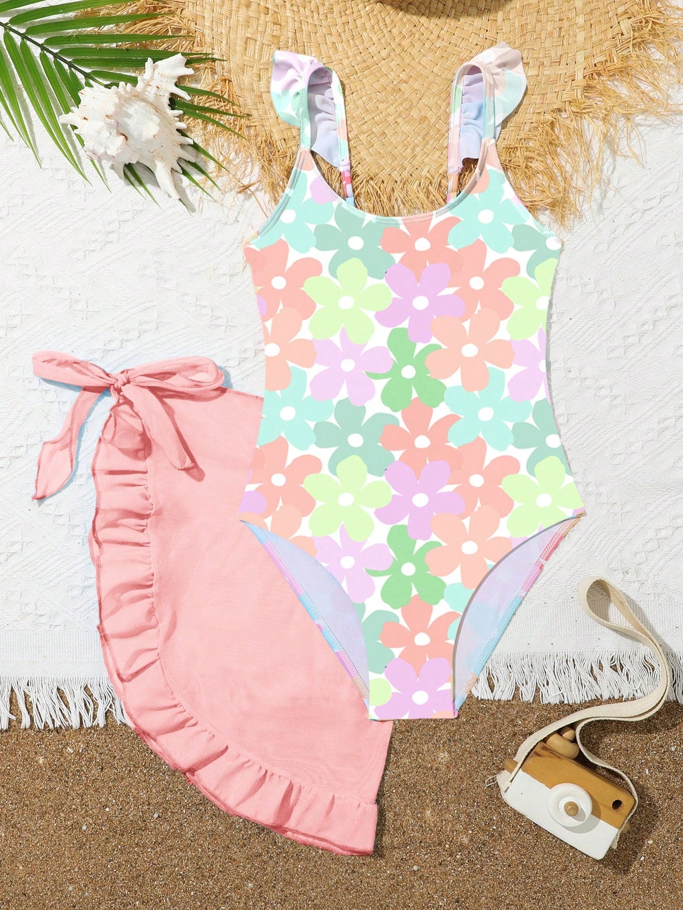 Tween Girl One-Piece Swimwear, Cute Floral Printed Swimsuit With Ruffled Skirt