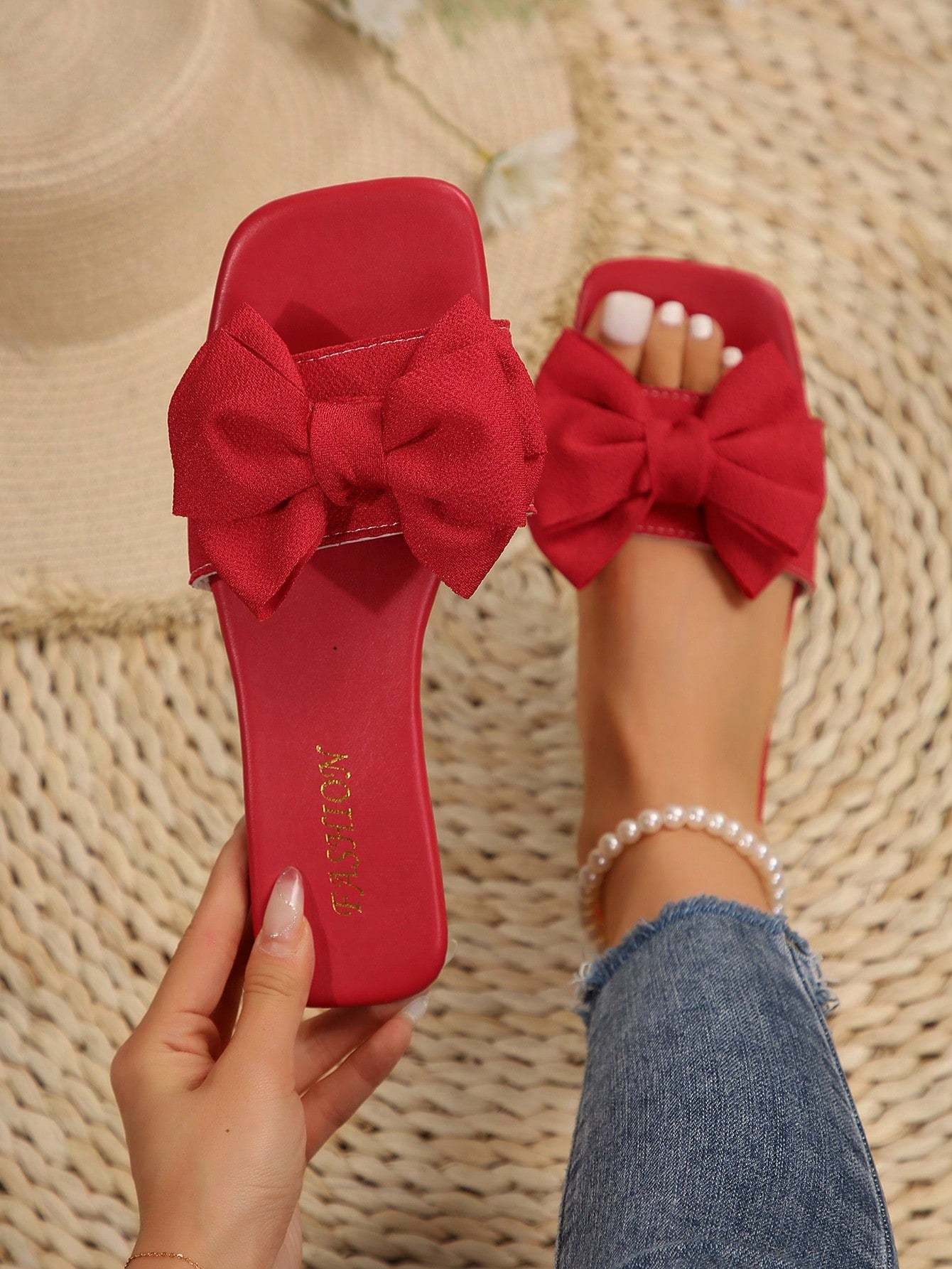 Plus Size Women Comfortable Bowknot Hot Pink Flat Sandals, Simple Design With Open Toe, Cloth Upper, Fashion Casual Beach Shoes For Summer