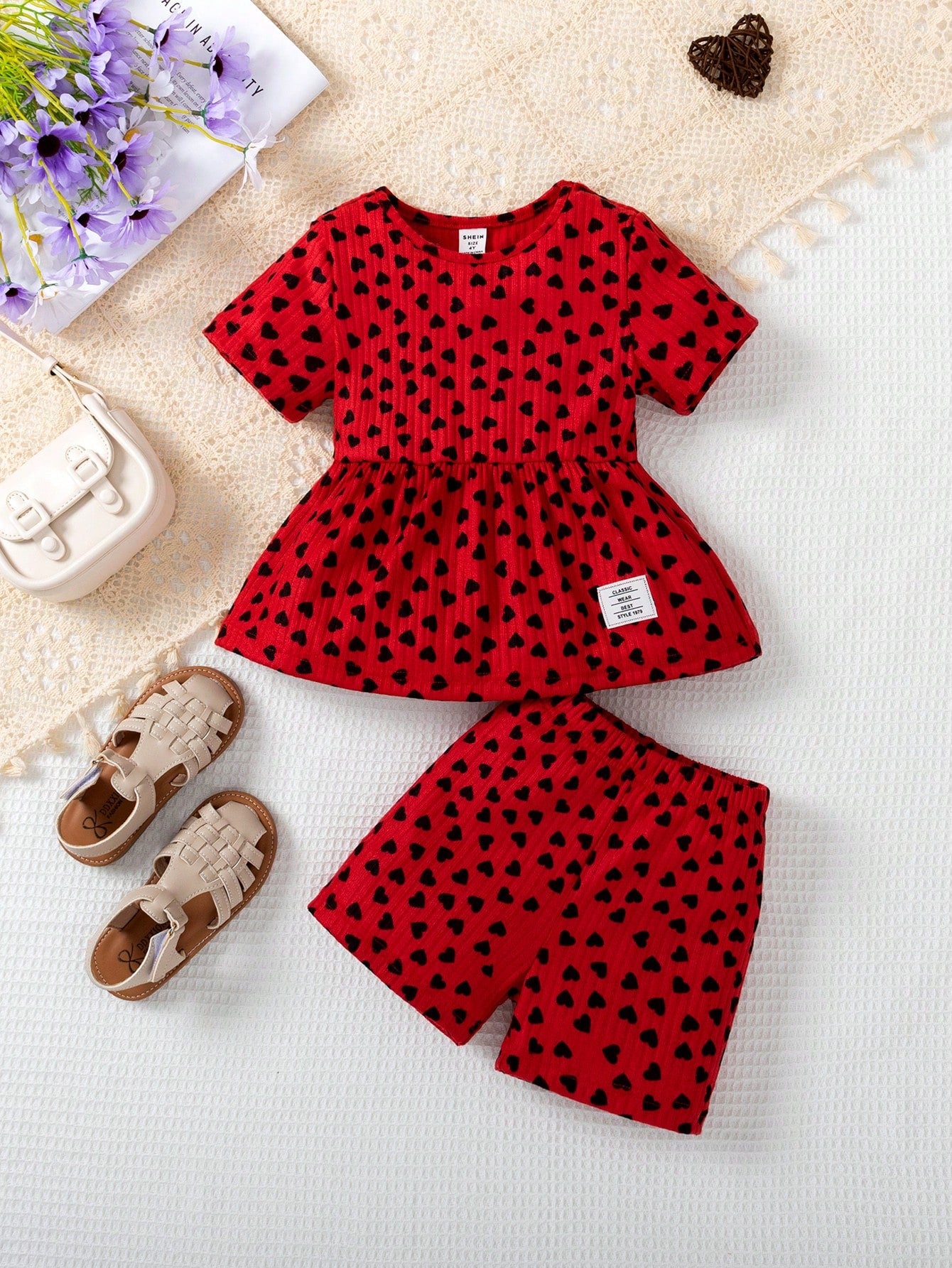 Young Girl Allover Heart Print Peplum Tee & Shorts Matching Set