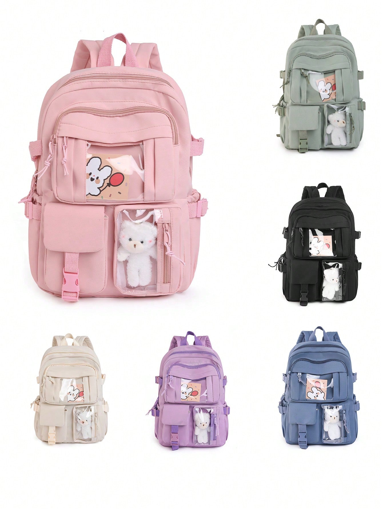 1pc Summer Cute Cartoon Fashionable Girl's School Backpack, Multi-Pocket And Multi-Functional Design With Bear Pendant, Perfect For Traveling And School