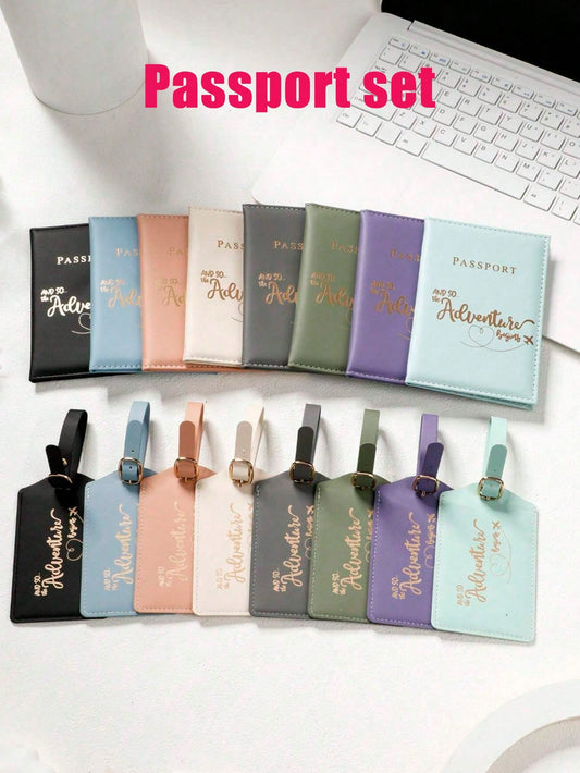 2pcs Metallic Letter Embossed Passport Holder For Business Trip, Minimalist Luggage Tag, Couple Travel Wallet