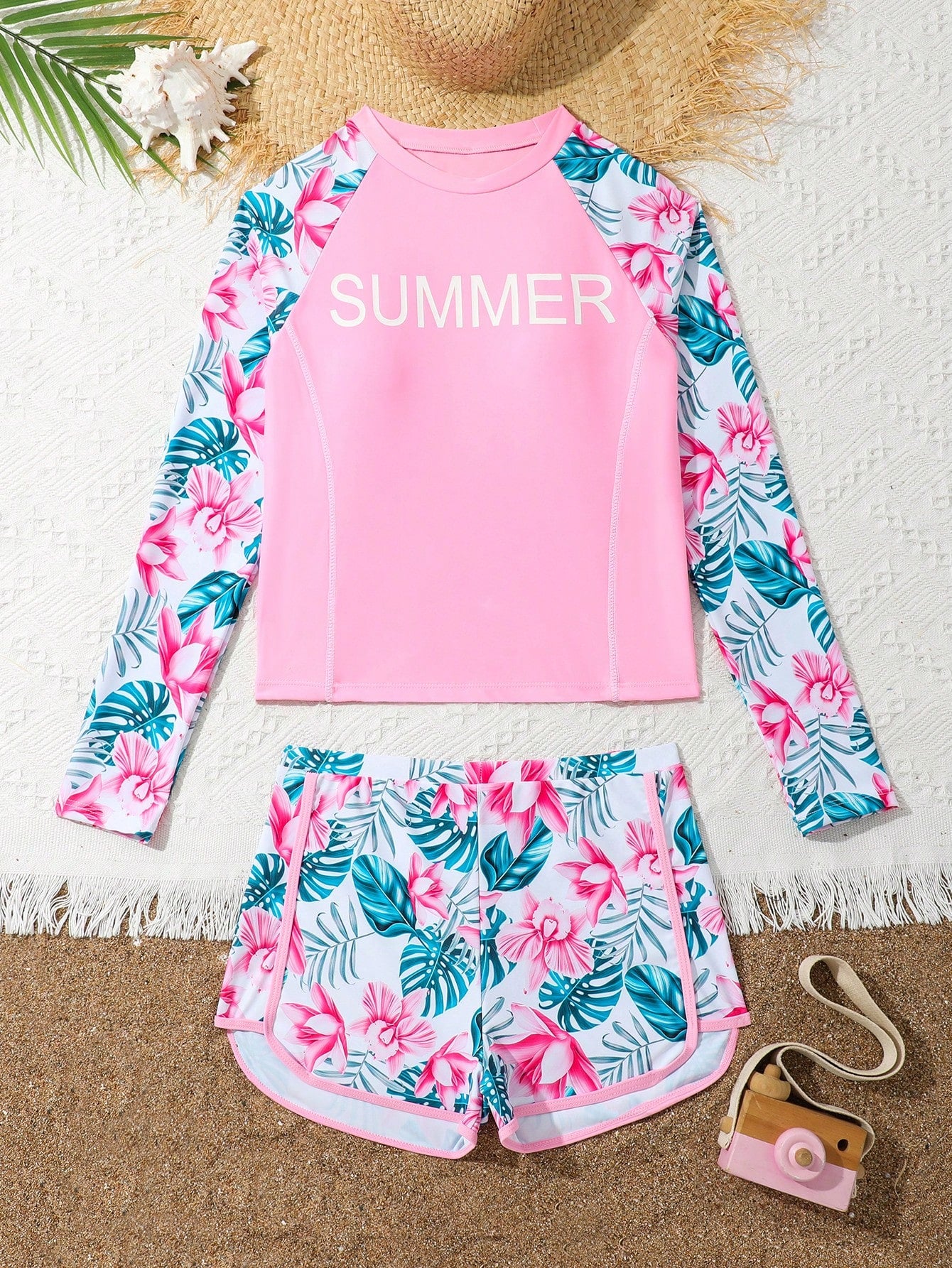 Teenage Girls' Random Tropical Print Raglan Sleeve Long Sleeve Tankini Swimsuit Set