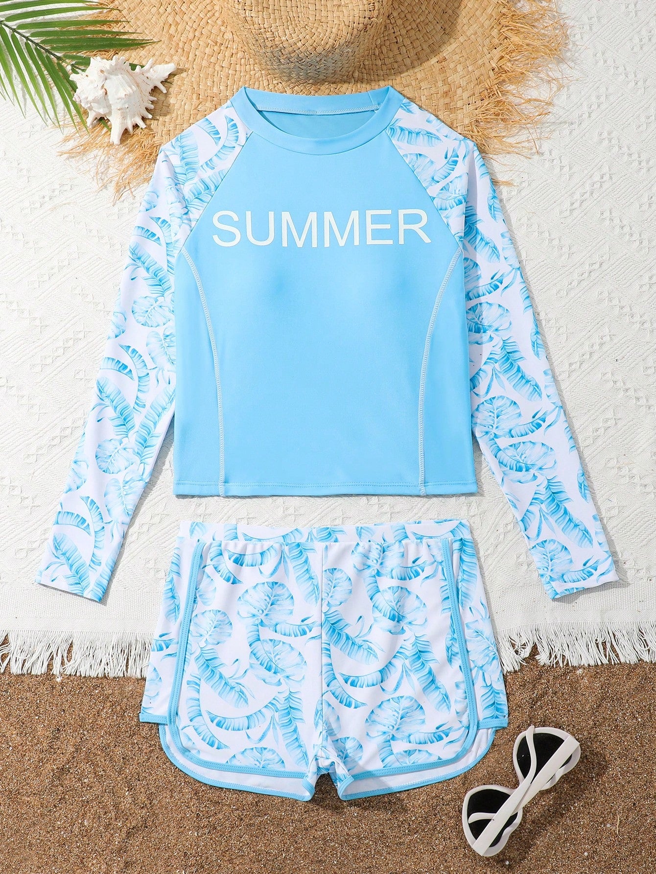 Teenage Girls' Random Tropical Print Raglan Sleeve Long Sleeve Tankini Swimsuit Set