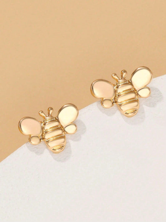 1pair Cute Interesting Stainless Steel Golden Plated Insect Bee Shaped Stud Earrings For Kids Lovely Versatile Street Party Jewelry For Daily Wear