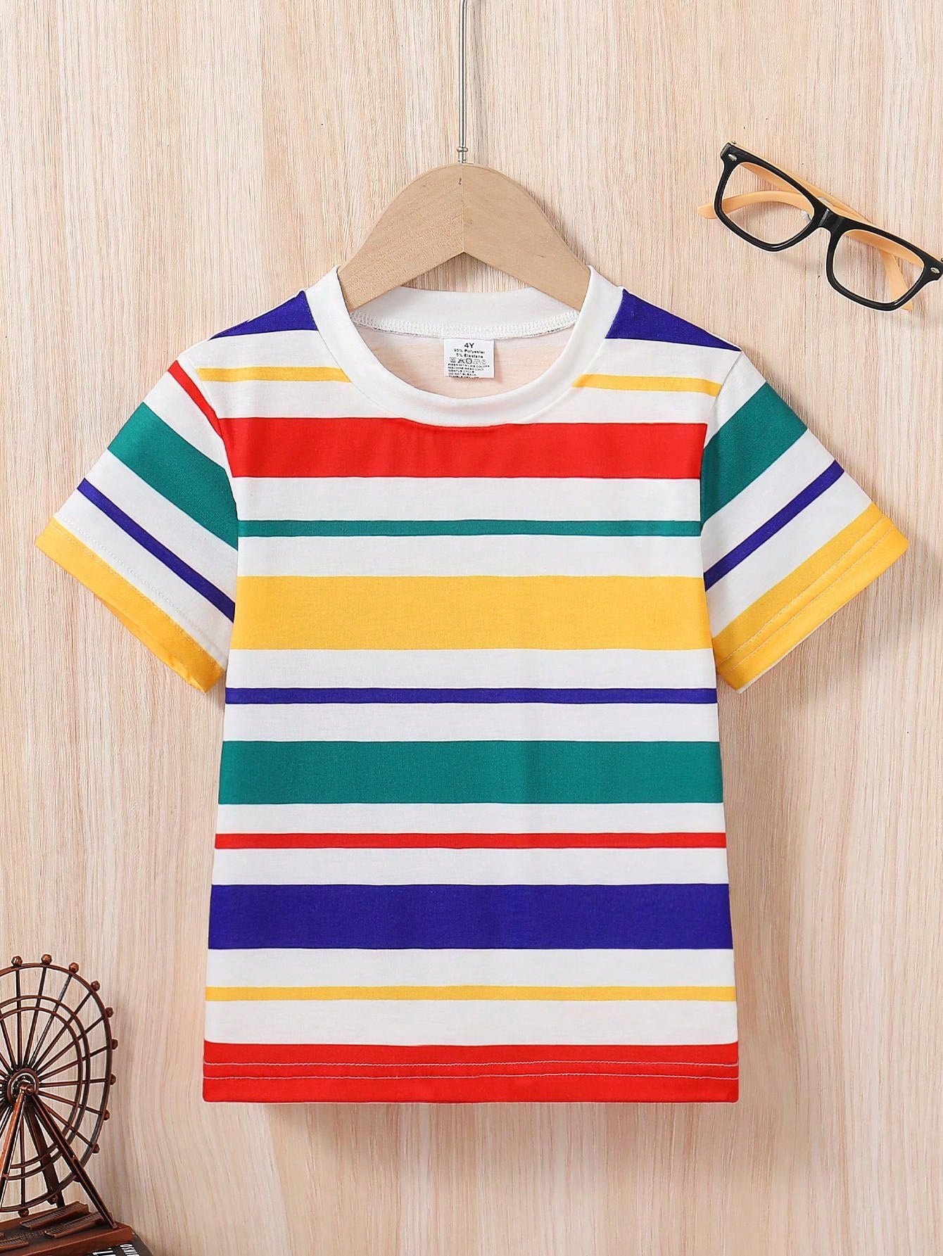 Young Boy Fashionable Summer Colorful Stripe Short Sleeve T-Shirt, Student Casual Round Neck Knit Tee For Daily, All-Match Comfortable Summer Clothes