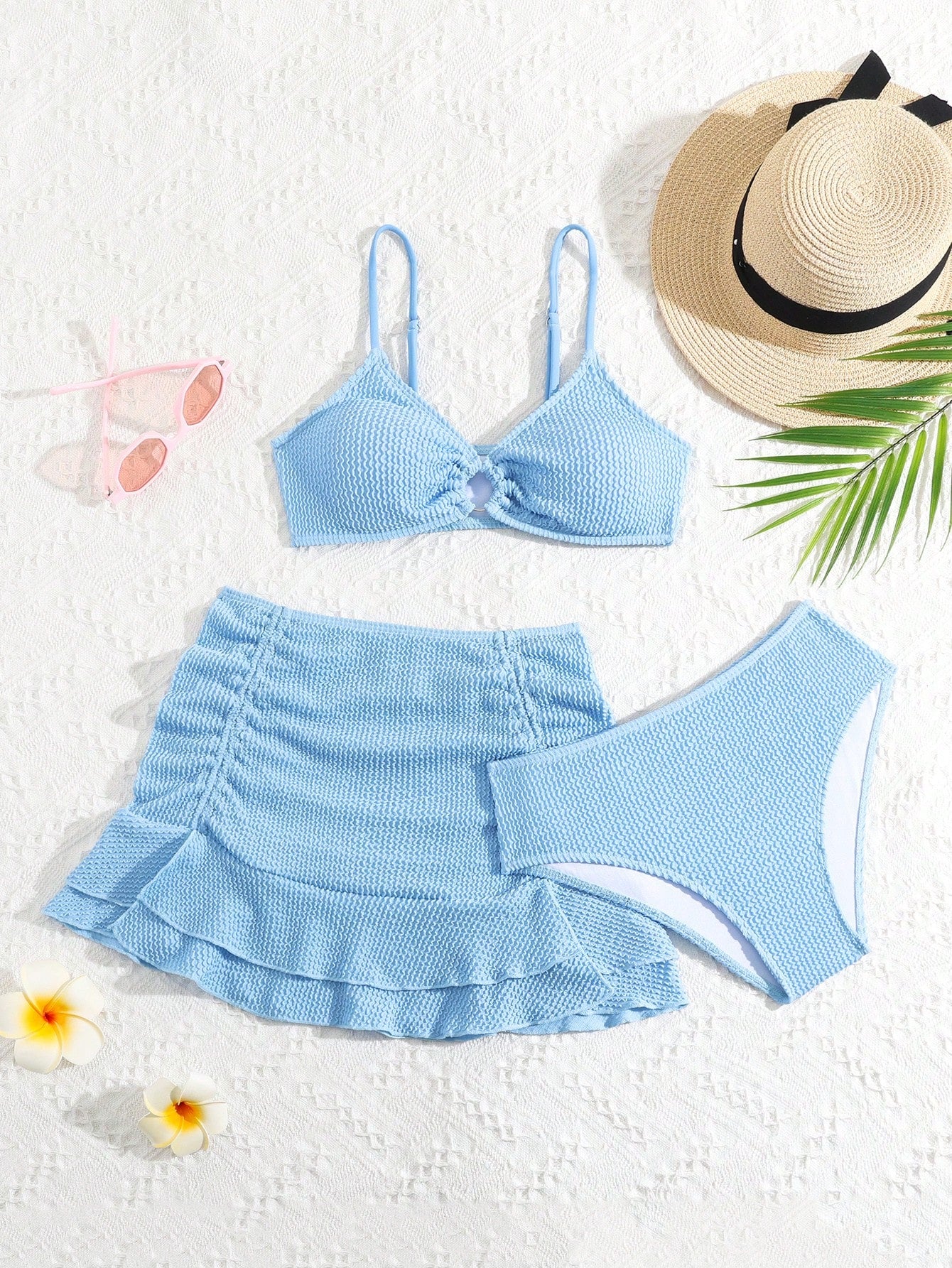 Teen Girls 3pcs Plain Bikini Set With Ruffle Hem Beach Skirt Summer Beach