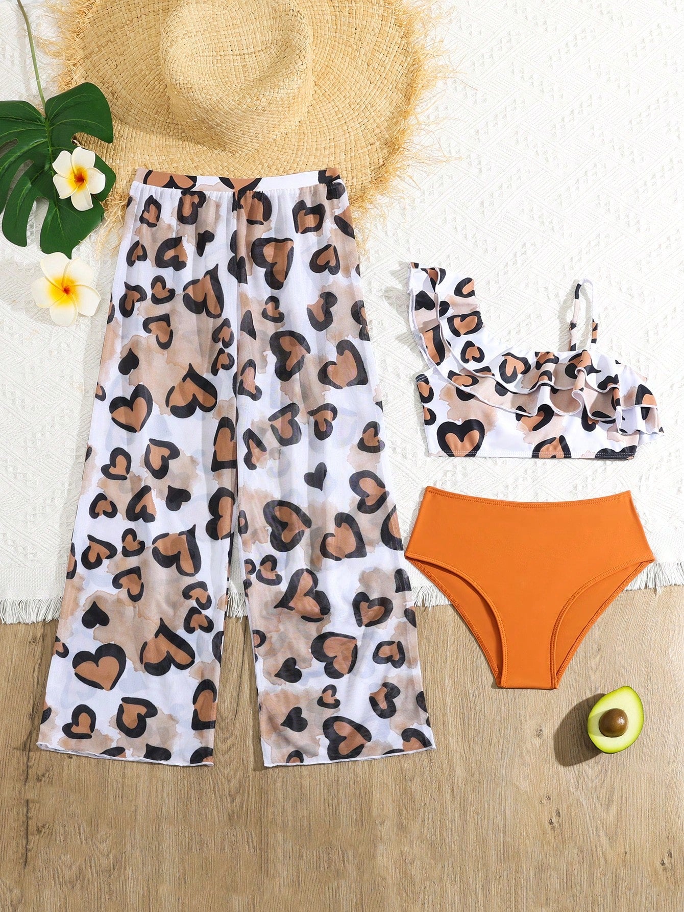 3pcs/Set Tween Girl Tropical Plant Print Bikini Set Summer Swimming,Beach Bikini Top And Bottom And Pants Summer Beach