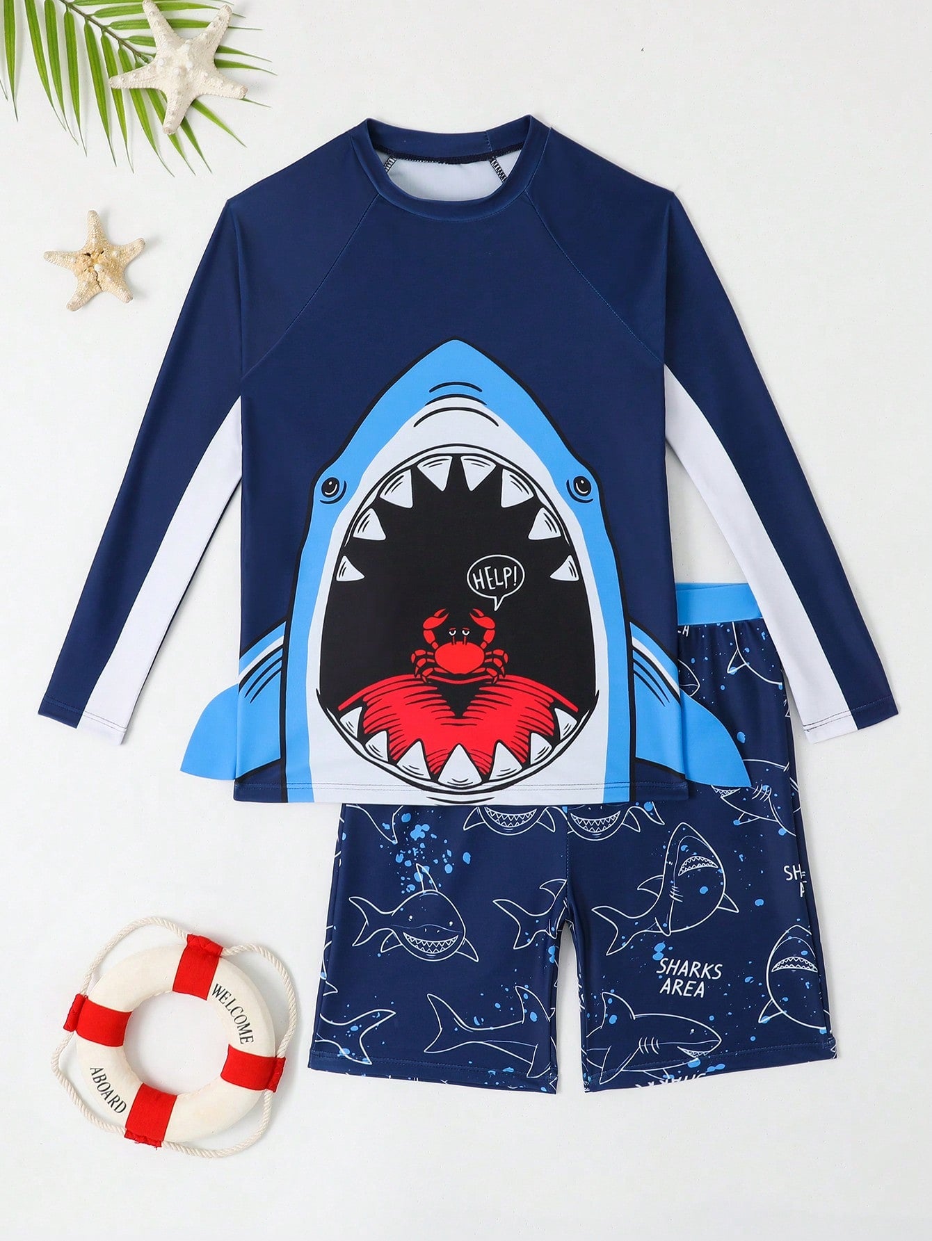 Tween Boys' Shark Printed Rash Guard Swimwear Set With Raglan Sleeves