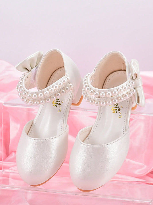 Girls' Fashionable Pearl Decorated White/Pink Princess Shoes