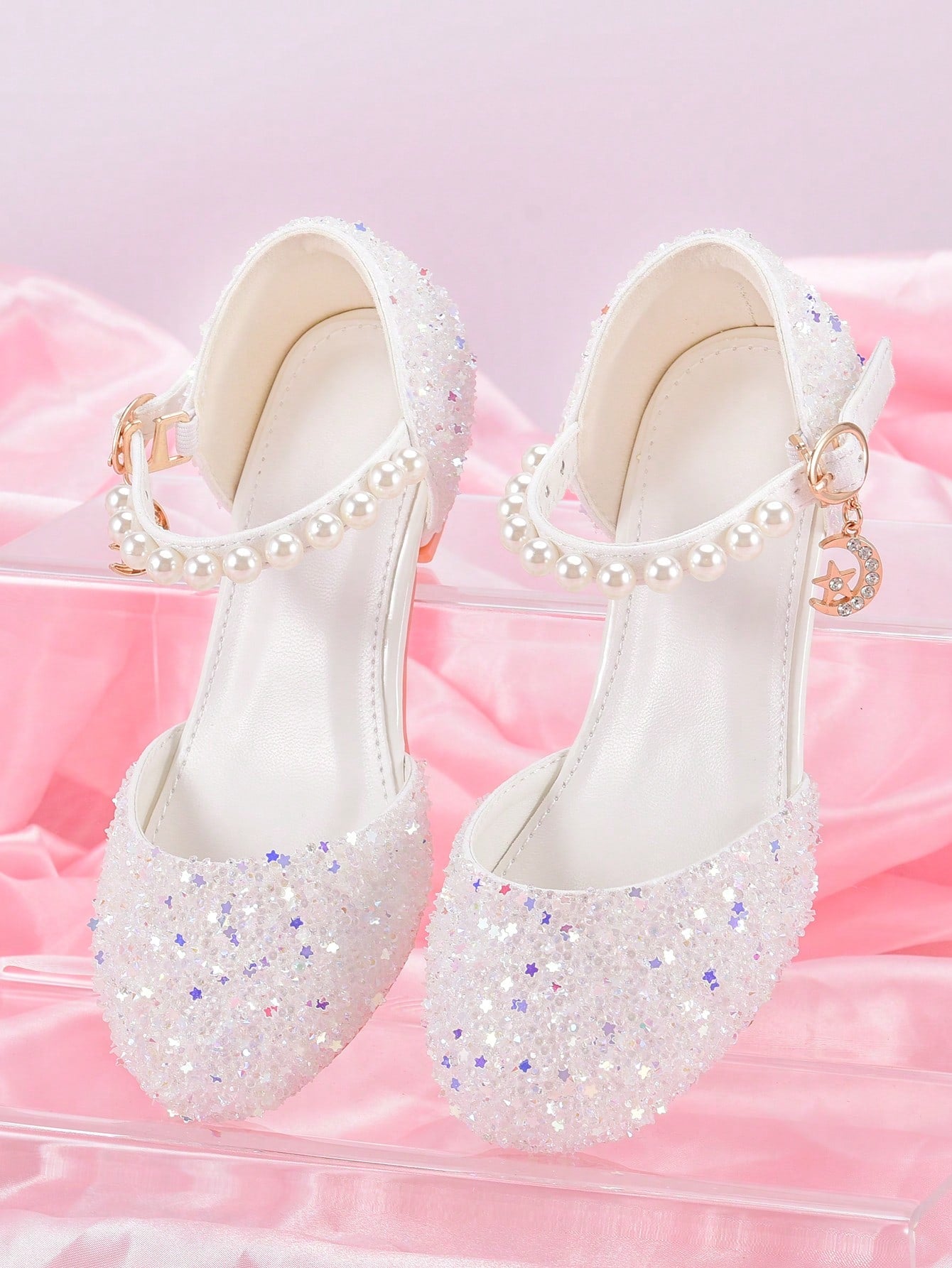 Princess Shoes For Girls With Glittering Stars Pendant, Fashionable High Heels To Match Dress For Performance, White, Ideal For Birthday Party