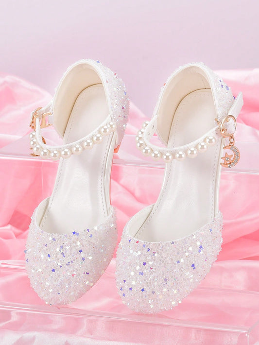 Princess Shoes For Girls With Glittering Stars Pendant, Fashionable High Heels To Match Dress For Performance, White, Ideal For Birthday Party