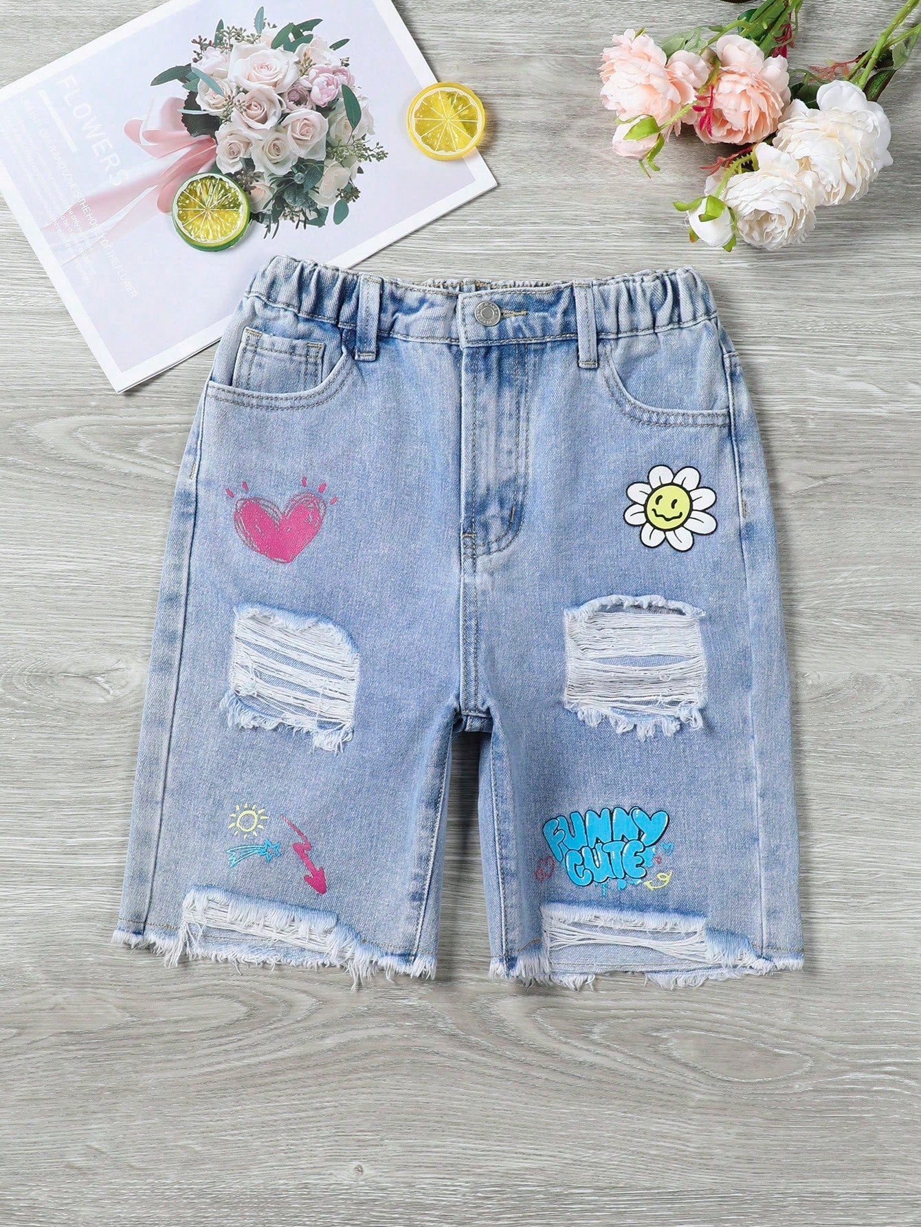 Tween Girl Distressed Washed Graffiti Trendy Printed Denim Shorts