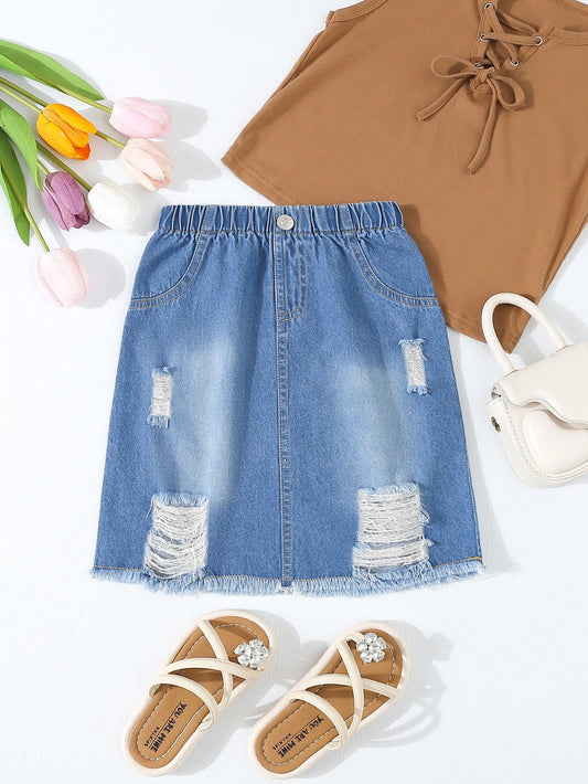 Young Girl All-Match Casual Daily Wear Light Blue Washed Ripped Denim Skirt With Fully Elastic Waist