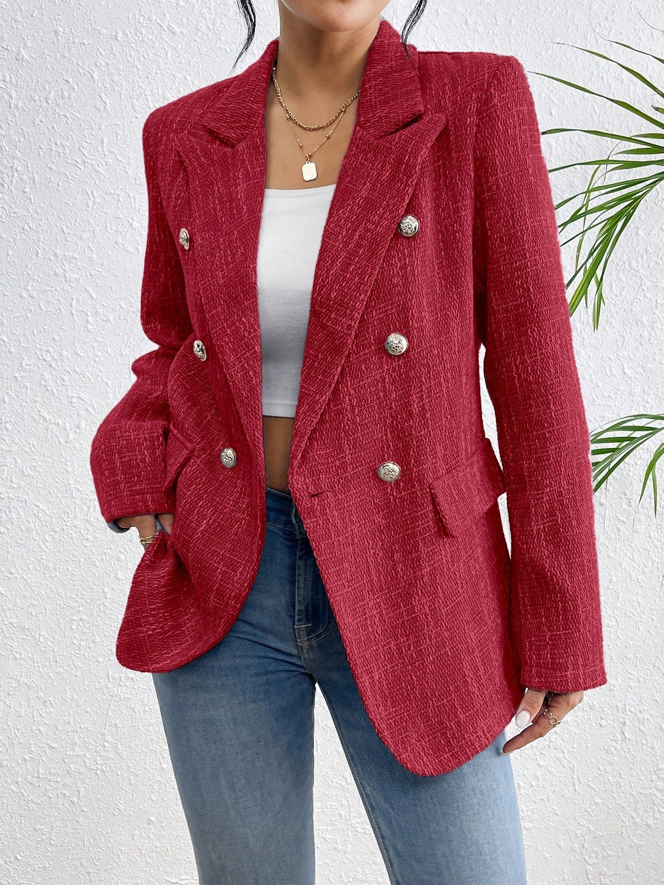 Lapel Neck Double Breasted Tweed Blazer