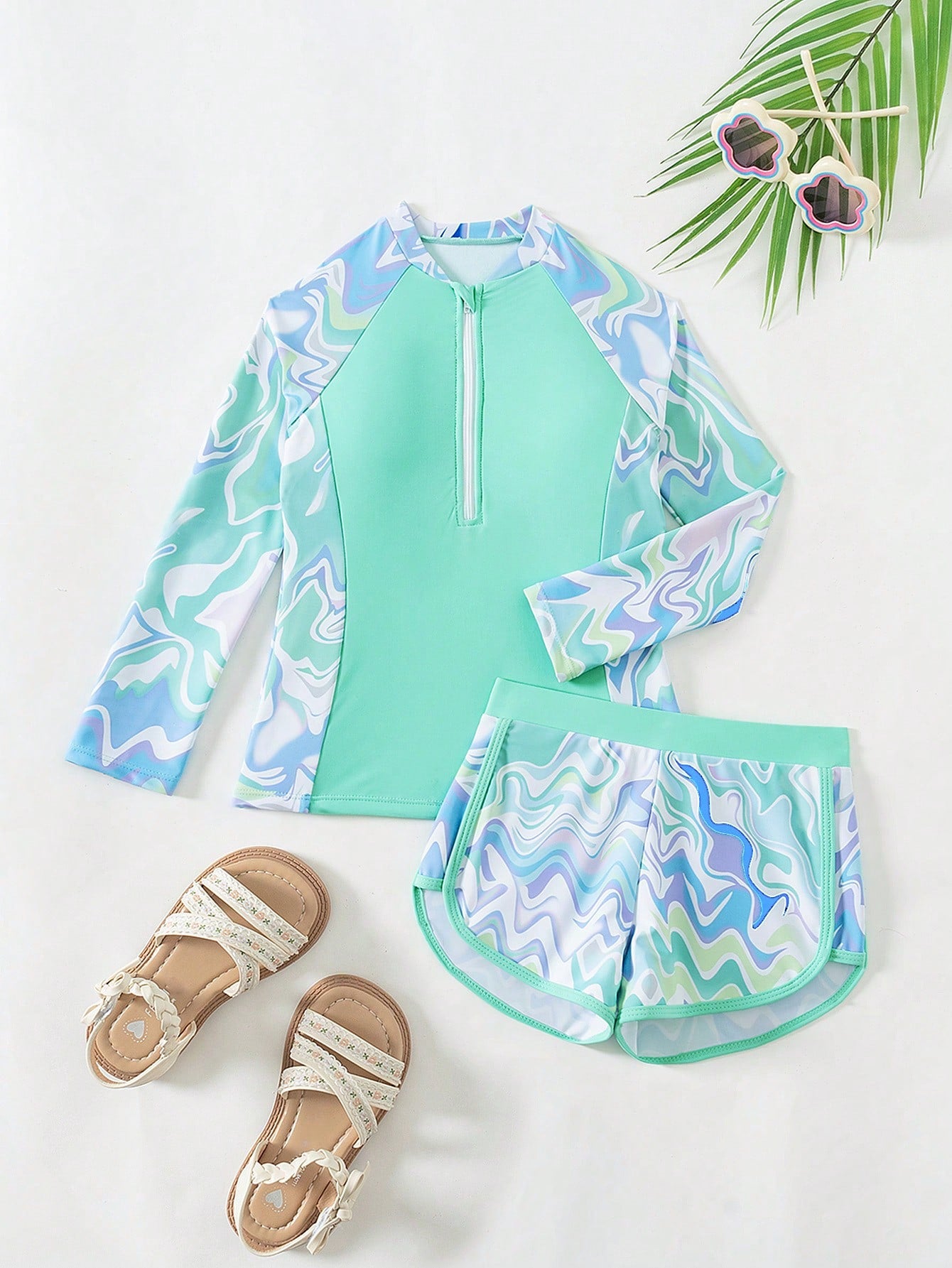 Tween Girls' Cool Fluid Print Long Sleeve Bikini Set