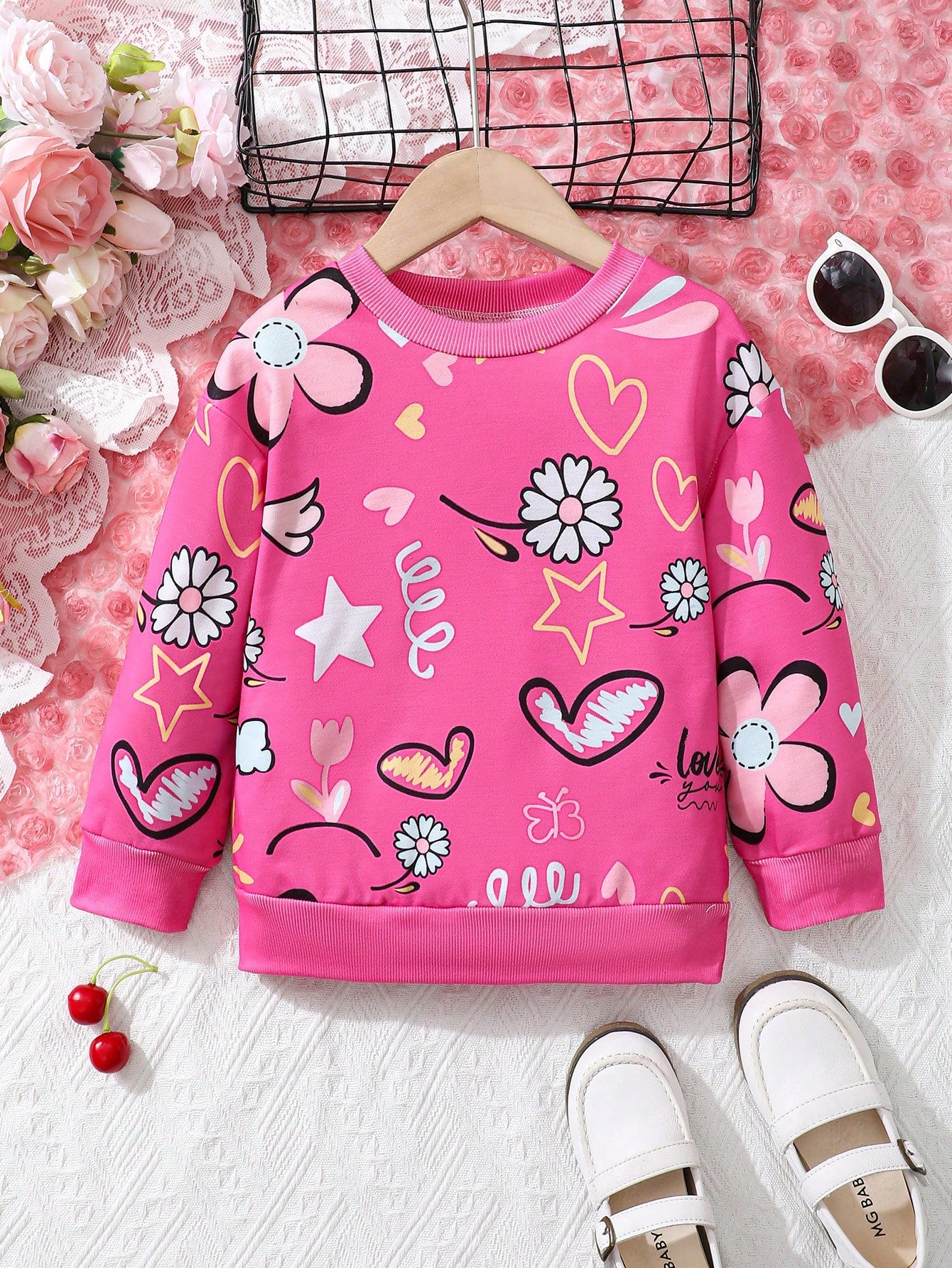 Young Girl Floral & Star Print Sweatshirt