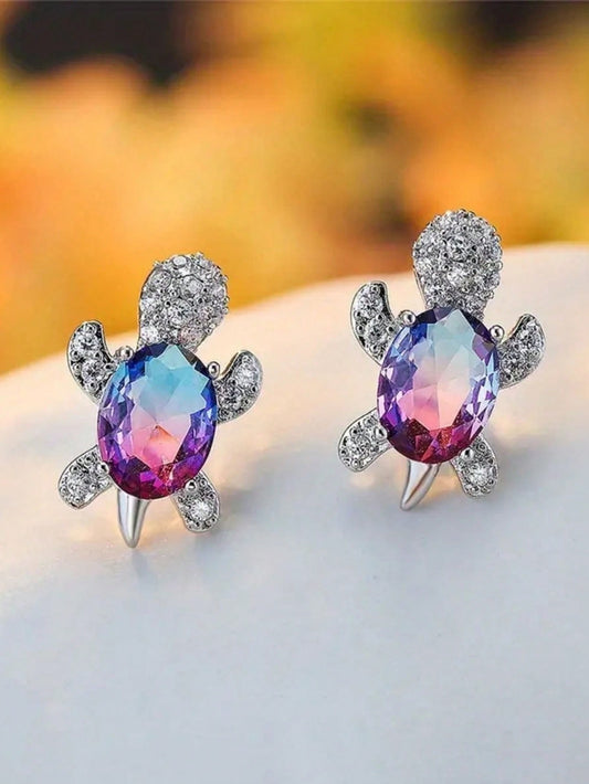 1pair Cute Cubic Zirconia Turtle Ear Stud Earrings, Multiple Colors Jewelry Festival Gifts