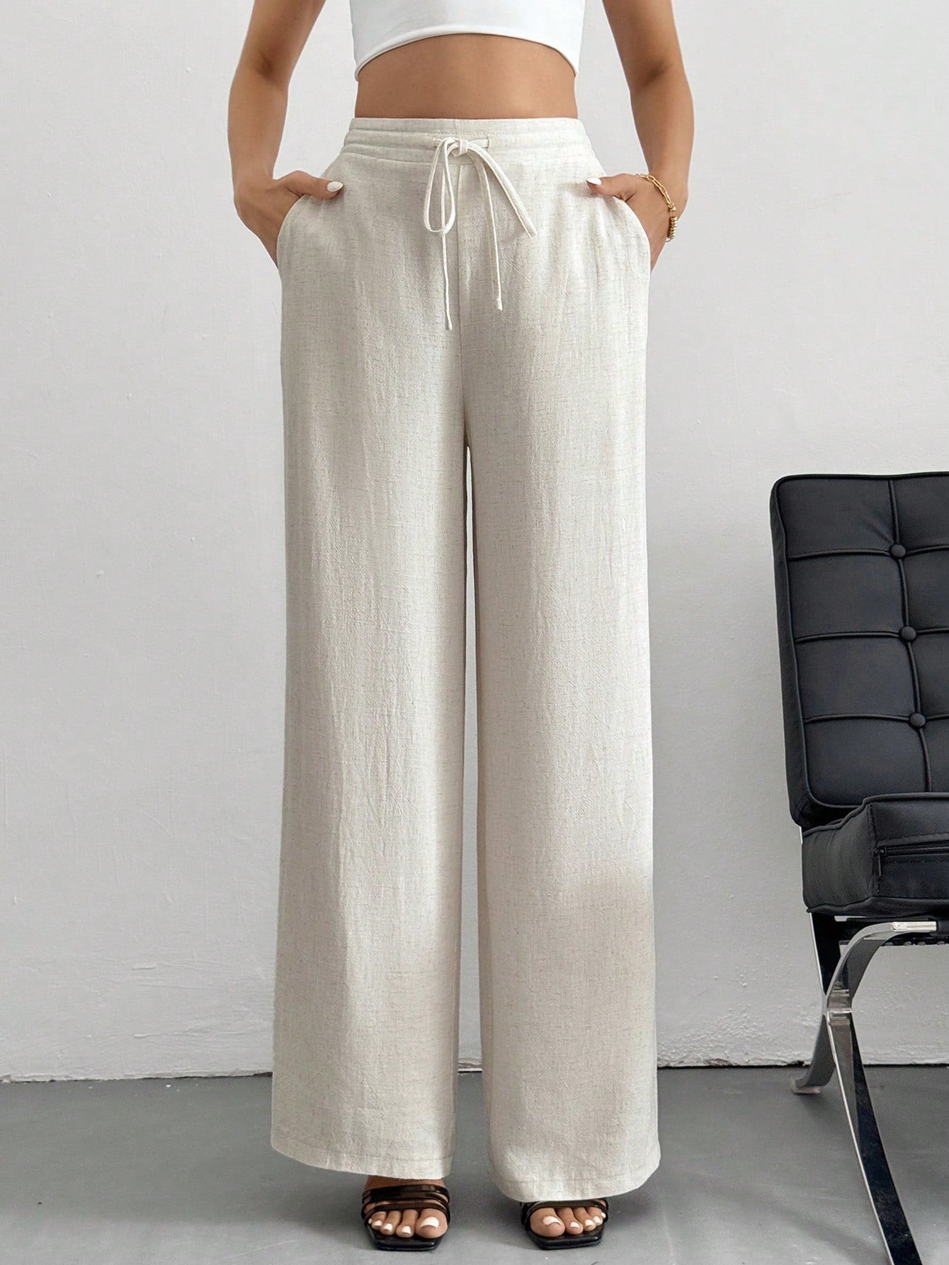 Tall Solid Color Belted Straight-Leg Pants, Spring/Summer Linen