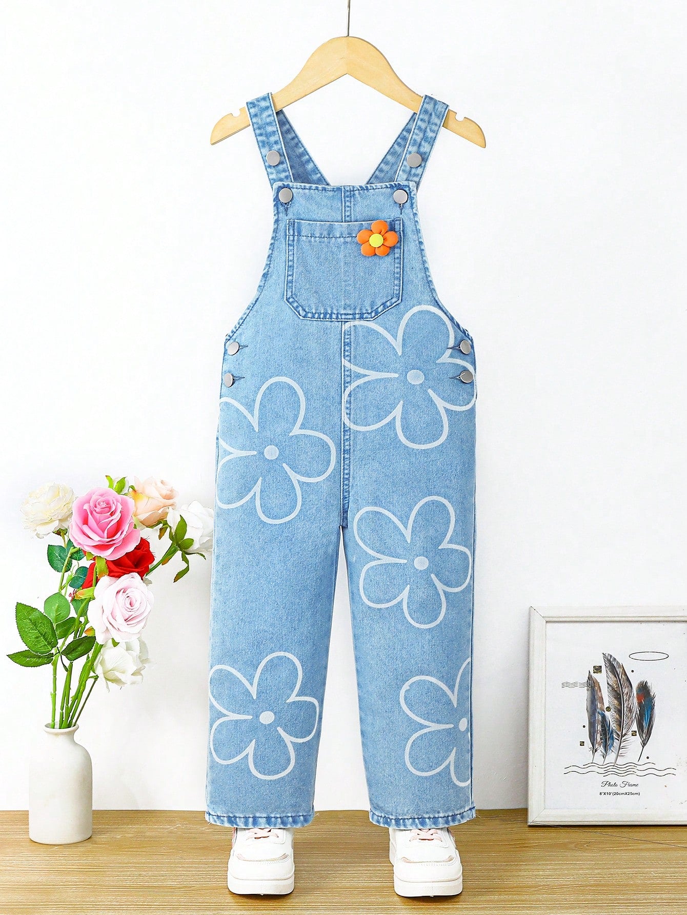 Young Girl Casual Floral Printed 3D Flower Decorated Denim Overalls