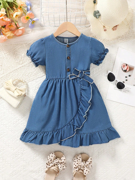 Young Girl Puff Sleeve Irregular Denim Dress With Ruffled Hem