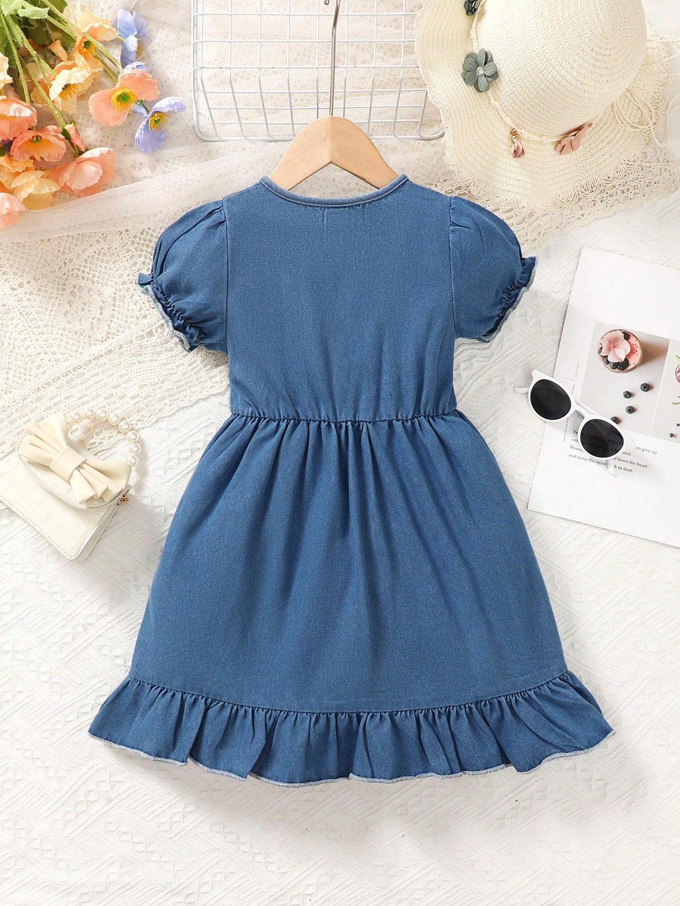 Young Girl Puff Sleeve Irregular Denim Dress With Ruffled Hem