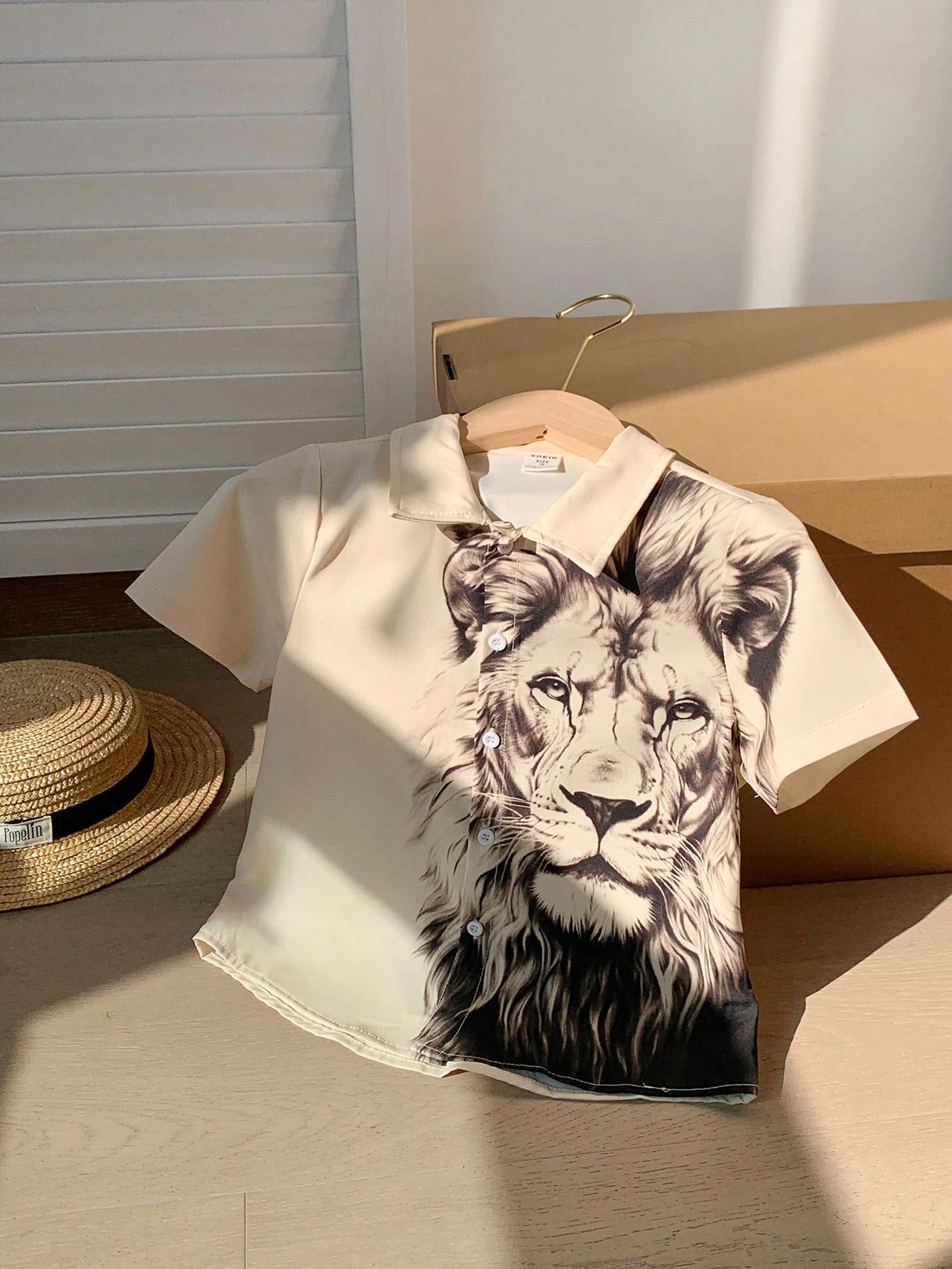 Tween Boys Extended Size Loose Casual Lion Pattern Short Sleeve Shirt