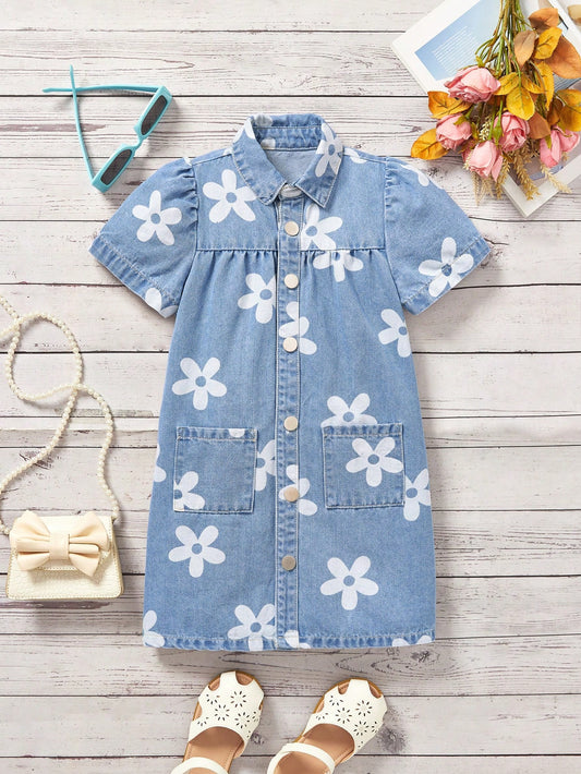 Young Girl Denim Simple Print Dress