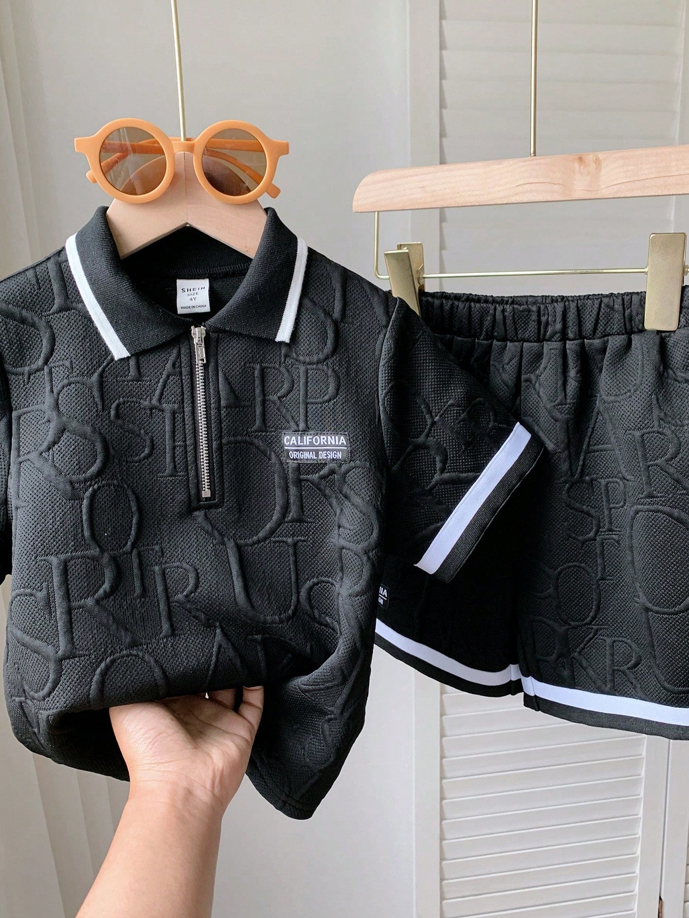 2pcs Young Boy Casual Street Style Turn-Down Collar Half Zip Sweatshirt With Weaved Cuff And Shorts Knitted Outfit