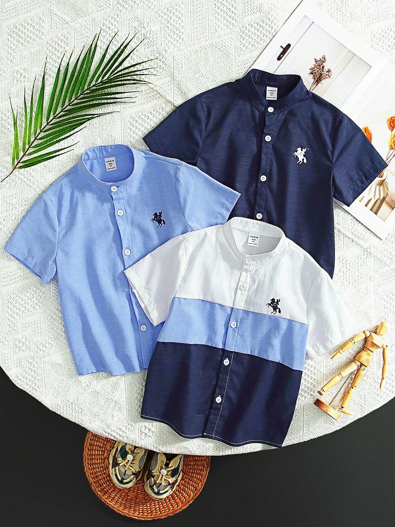 3pcs Young Boy Printed Stand Collar Short Sleeve Shirt Set