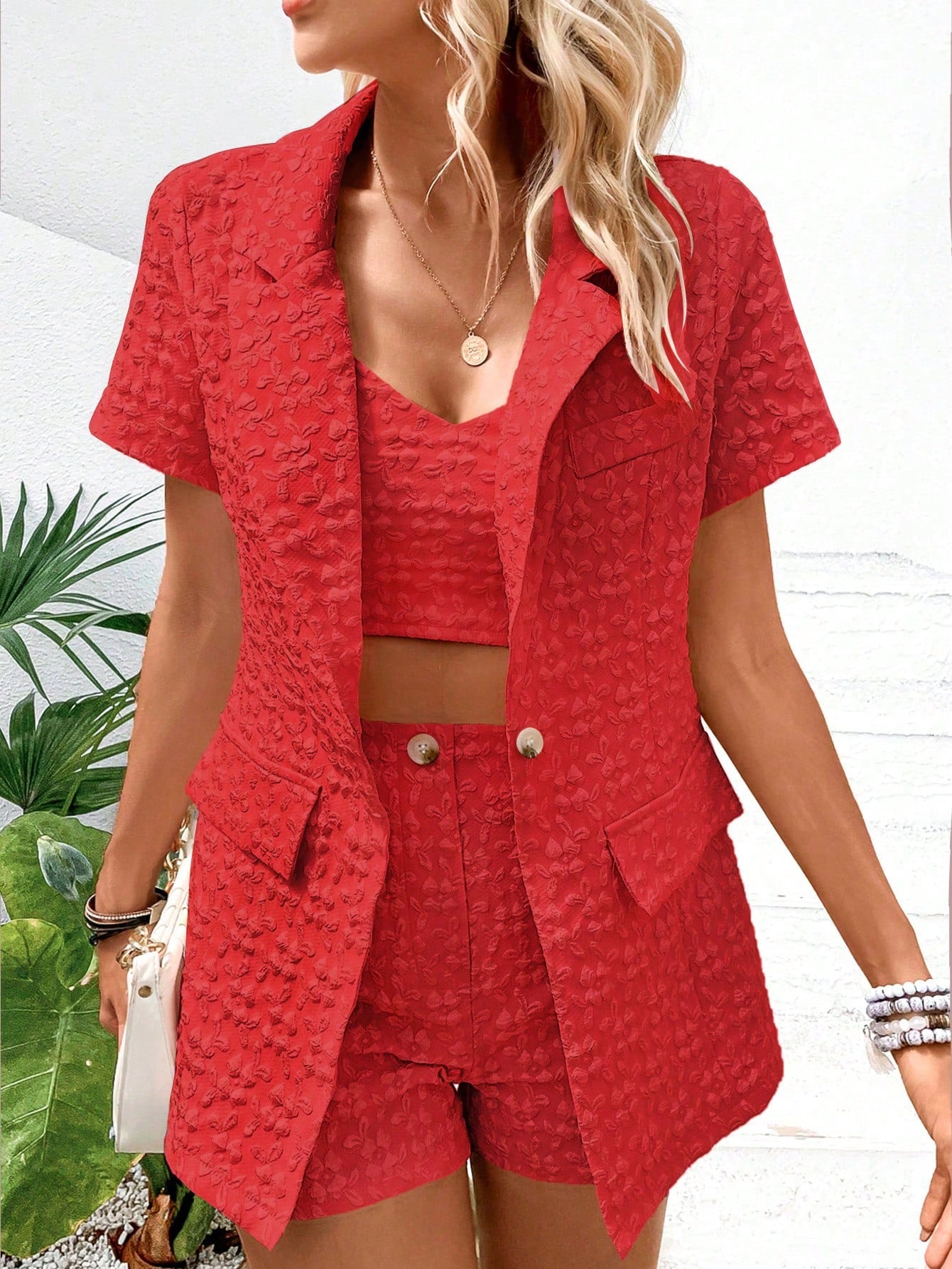 Women Solid Color Spring/Summer Sling And Suit Collar Short Sleeve Blazer With Shorts Suit