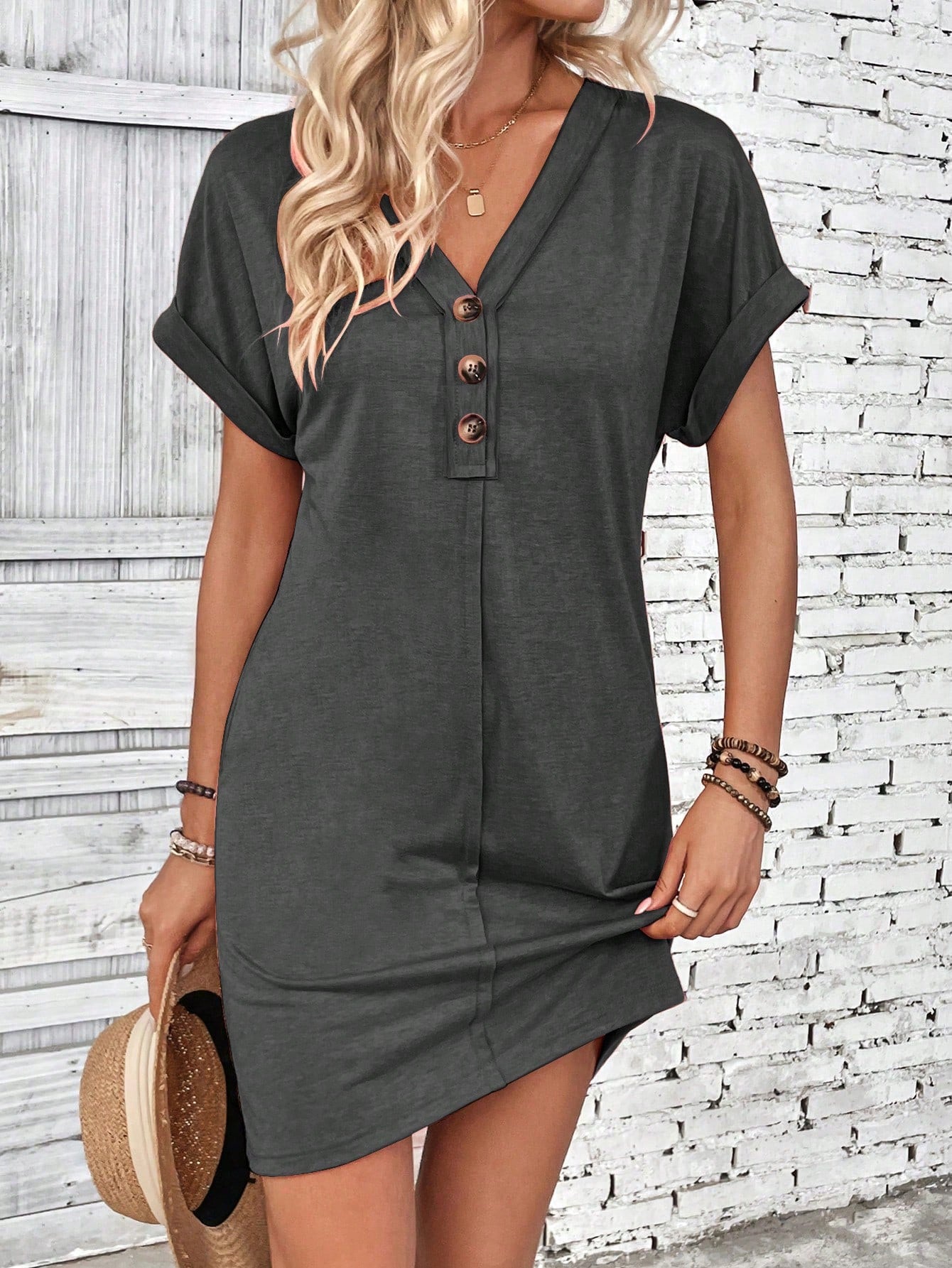 Women's Fashionable Solid Color Short Sleeve Summer Dress