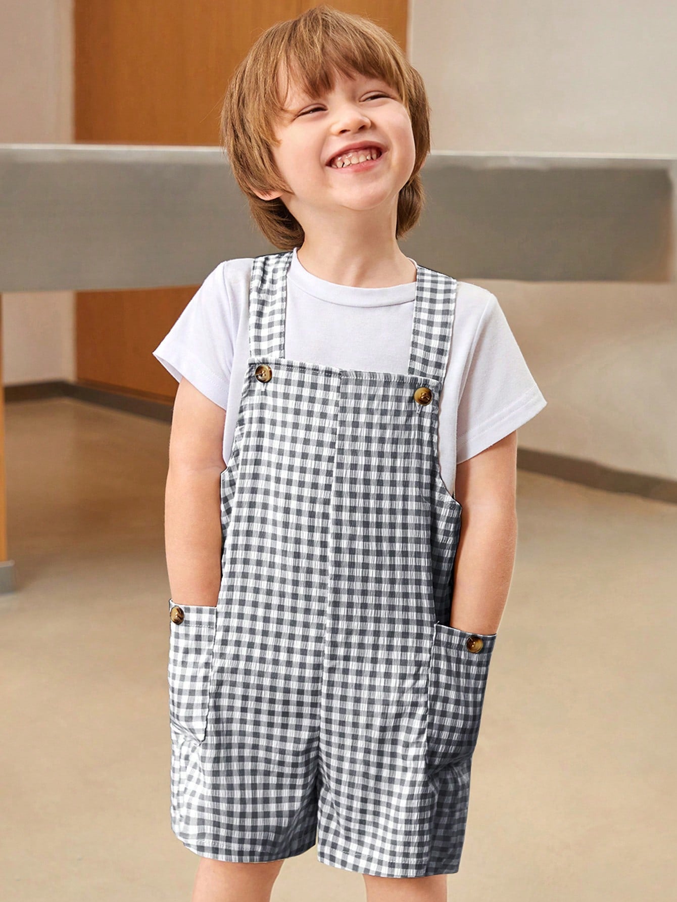 1pc Young Boys' Comfortable, Stylish, Simple And Practical Plaid Overalls Suitable For Spring And Summer